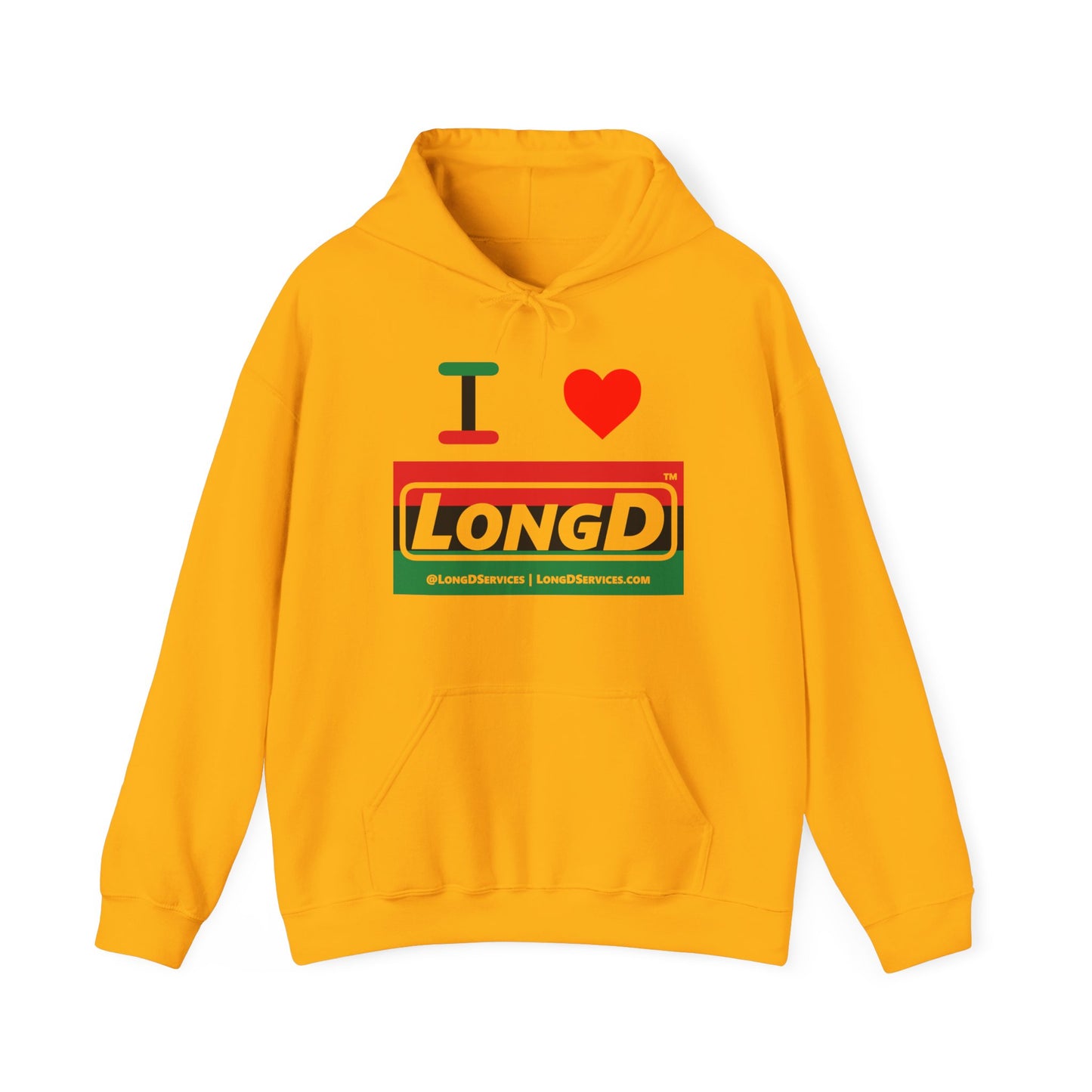 I Luv LongD® Logo Hoodie with Juneteenth striped negative text