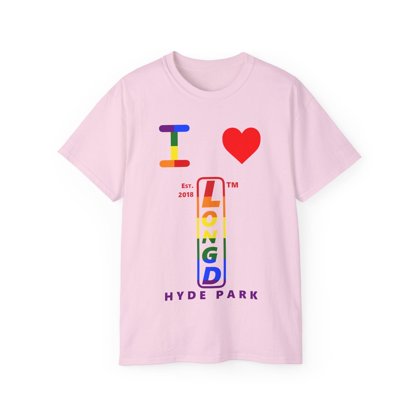 I Luv LongD Cotton Tee positive horizontal striped Hyde Park upright logo (Pride colors)