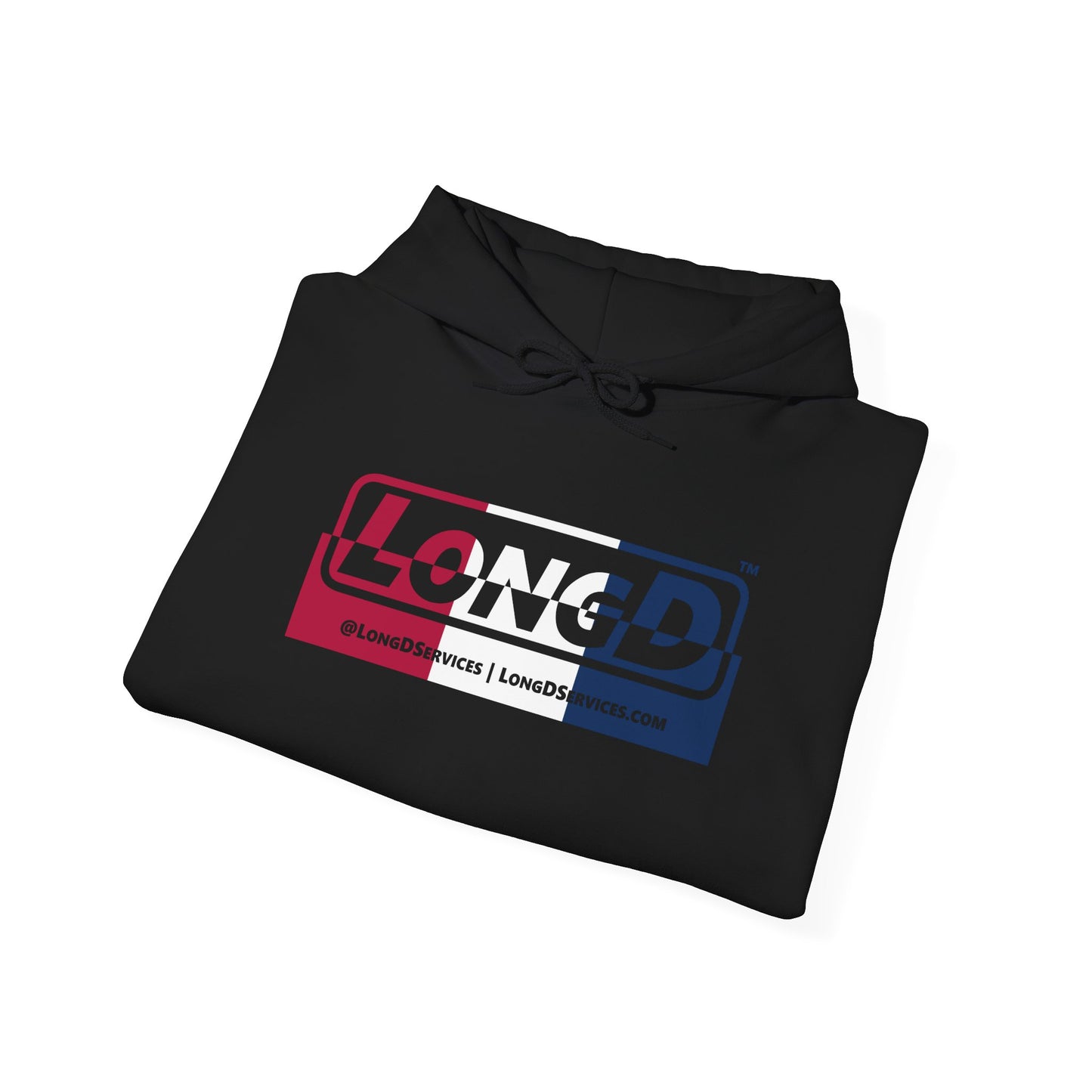 LongD® Logo Hoodie red, white and blue top positive bottom negative thirds