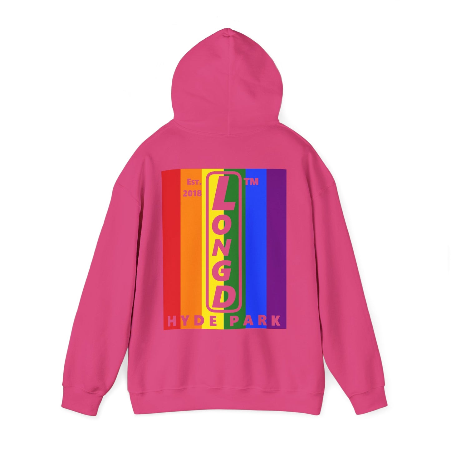 LongD single-breasted negative vertical 6-striped front-back upright Hyde Park logo hoodie (Pride colors)