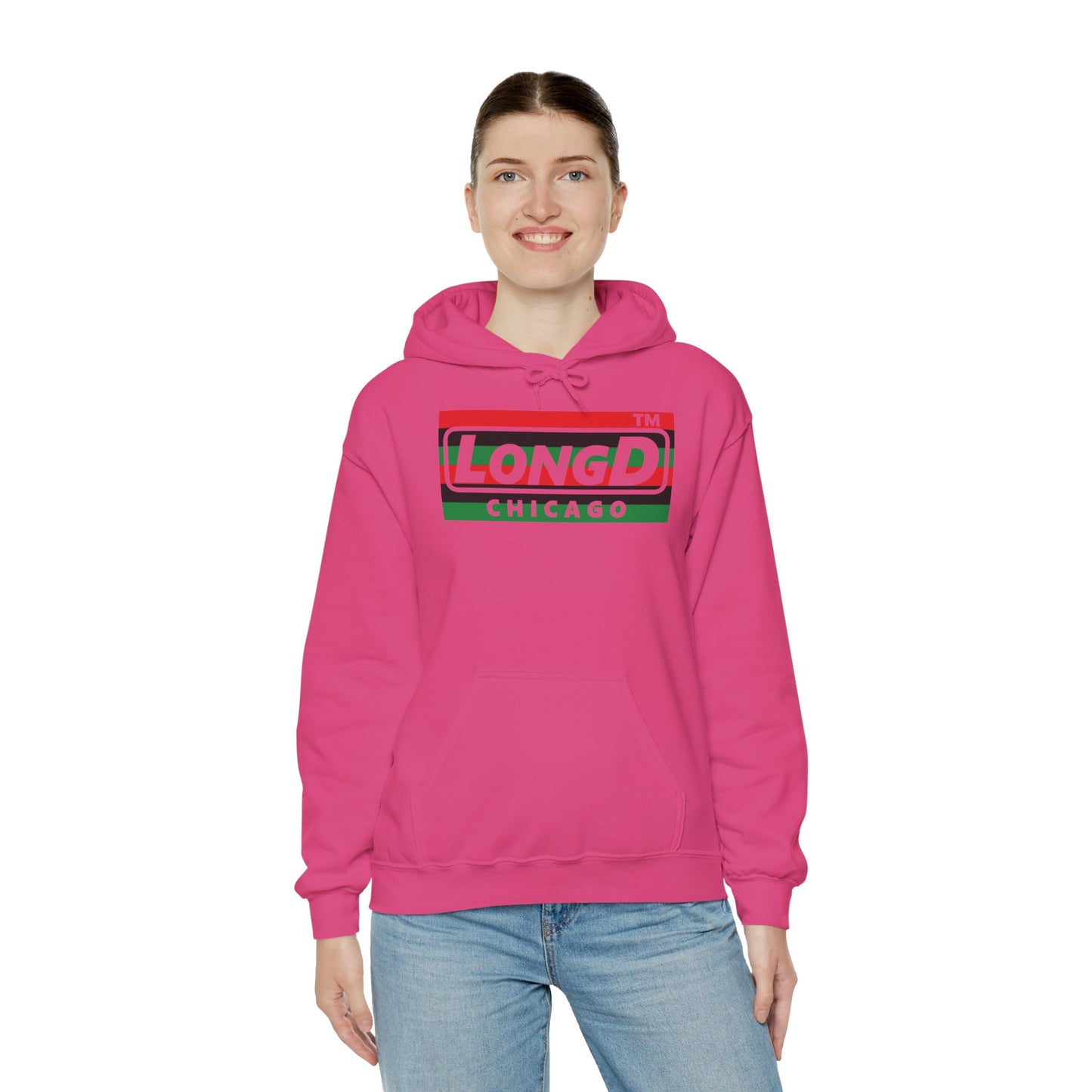 LongD® negative horizontal 6-striped Chicago logo Hoodie (Juneteenth colors)