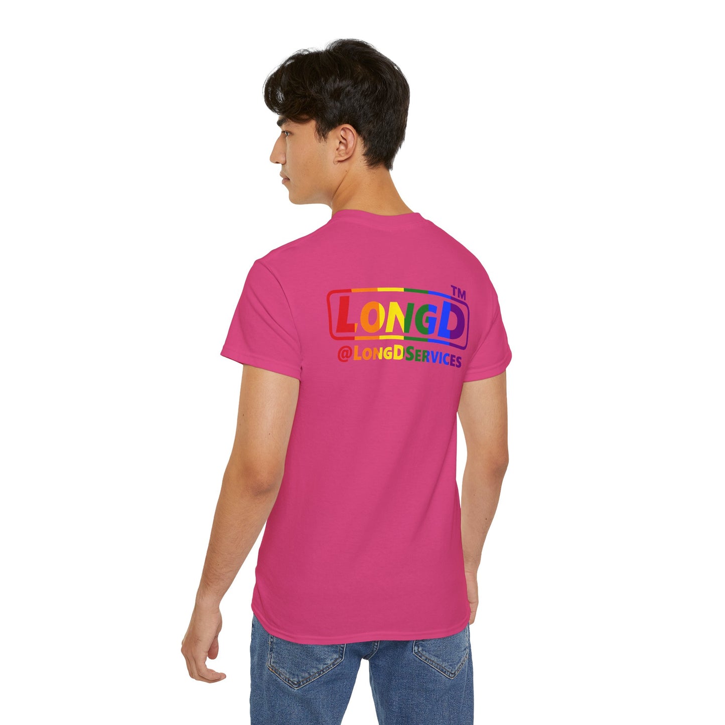LongD positive vertical striped front-back Hyde Park logo cotton tee (Pride colors)