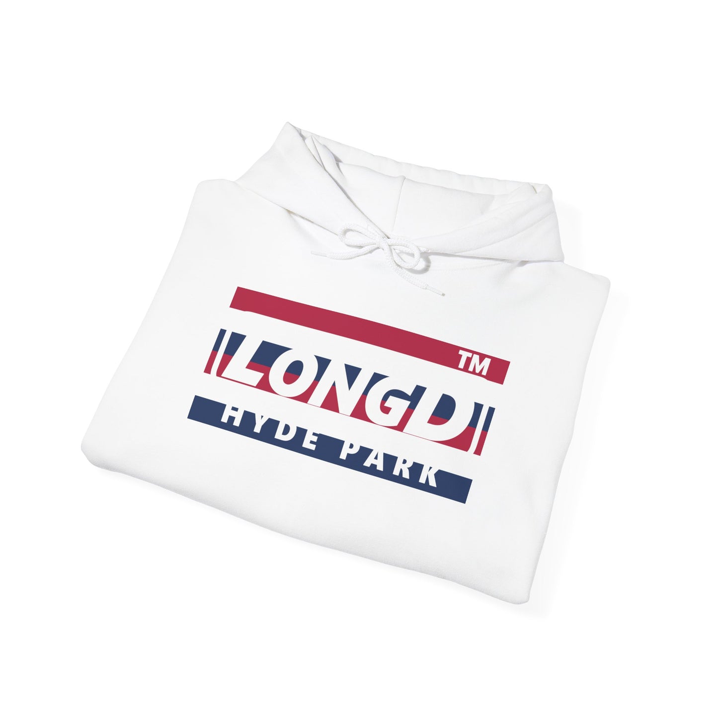 LongD® negative horizontal 6-striped Hyde Park logo hoodie (patriotic colors)