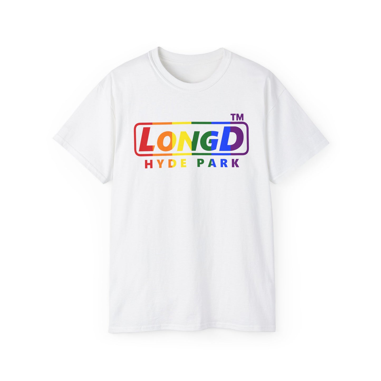 LongD positive vertical striped Hyde Park logo cotton tee (Pride colors)
