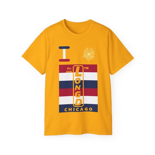 I Burst LongD cotton tee negative horizontal 6-striped Chicago upright logo (Patriotic colors)
