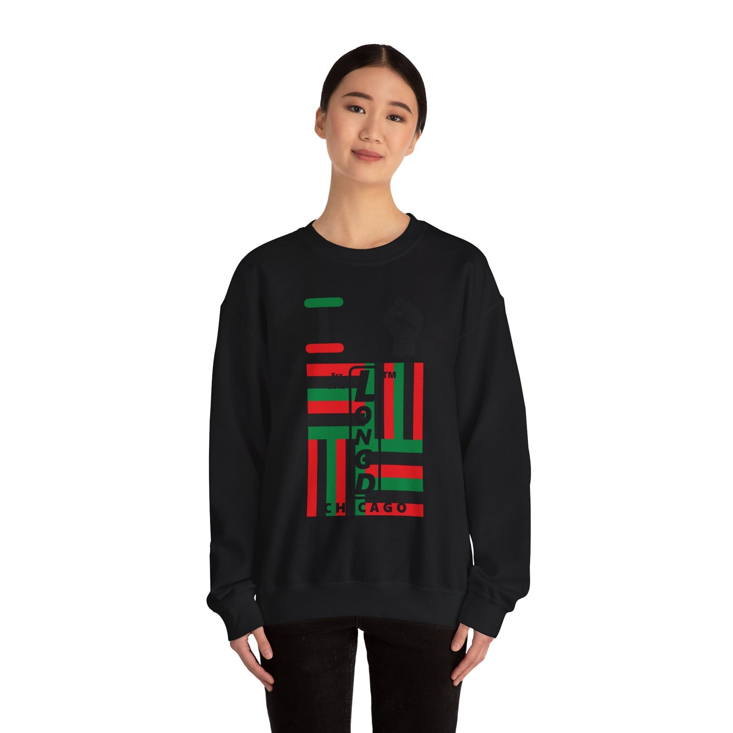 I Fist LongD negative windmill Chicago upright front-back logo crewneck sweatshirt