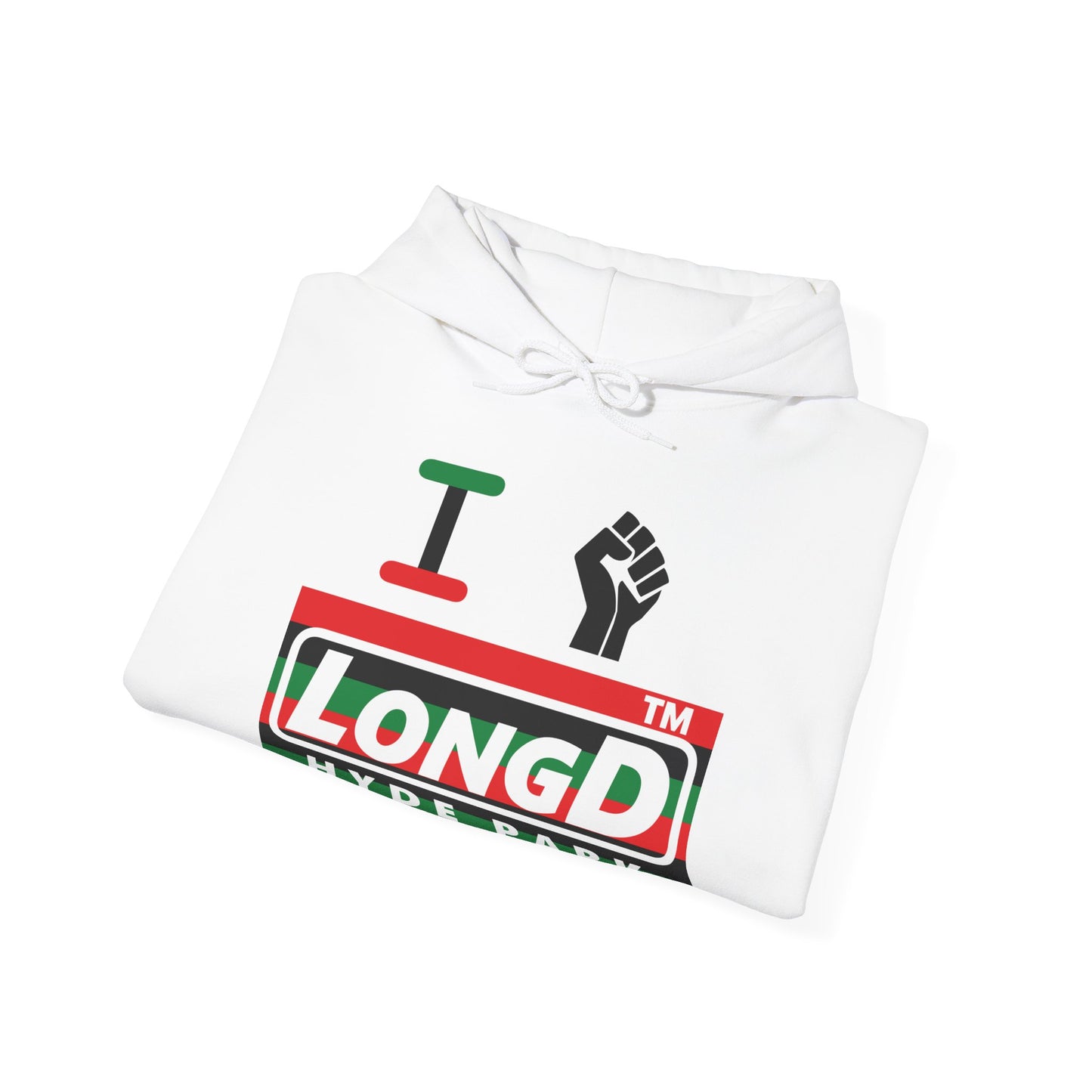 I fist LongD® negative horizontal 6-striped Hyde Park logo Hoodie (Juneteenth colors)