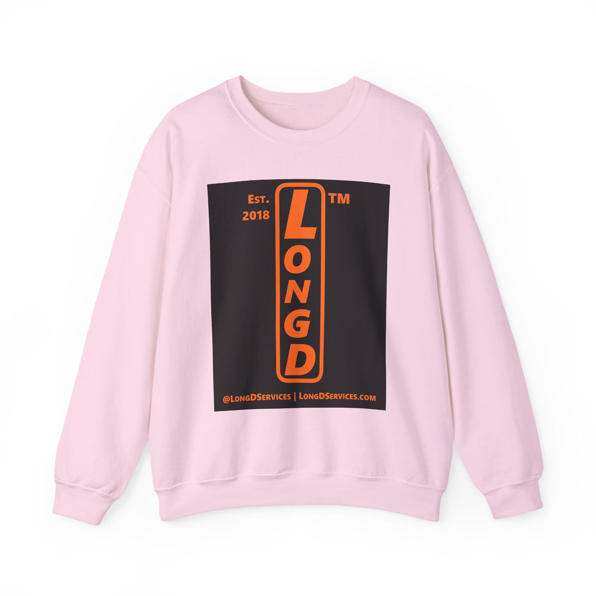 LongD Tag-domain upright front-back logo orange (FE7518) on Black (000000) crewneck sweatshirt