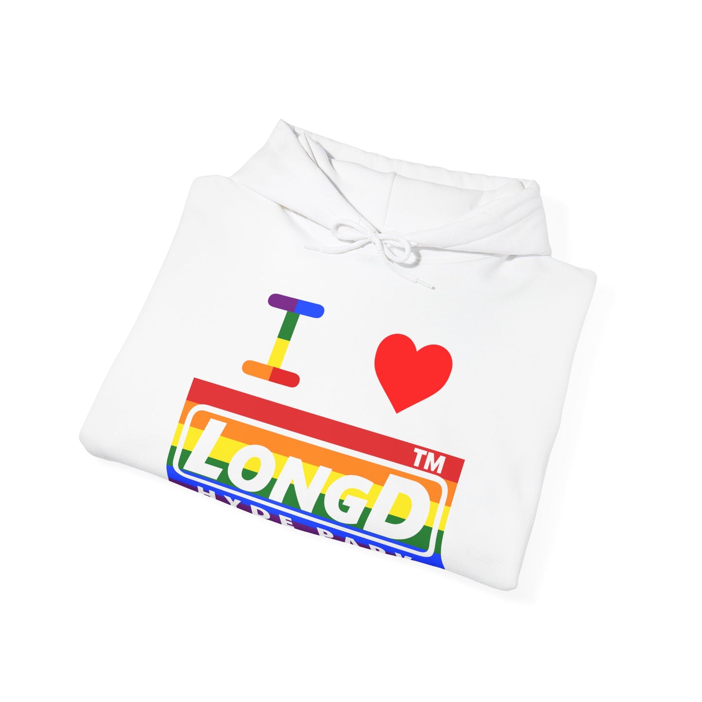I Luv LongD® negative horizontal striped Hyde Park logo hoodie (Pride colors)