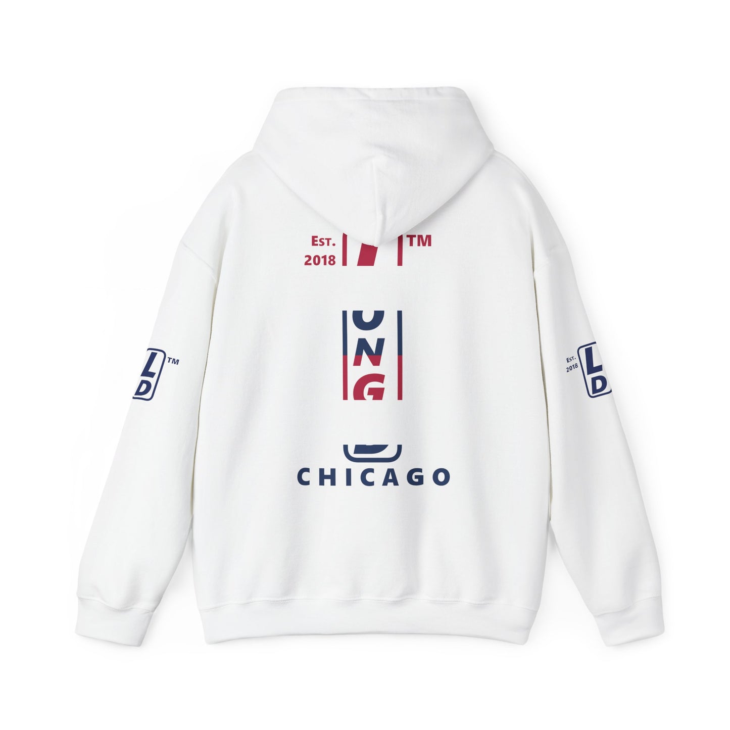 LongD® positive horizontal 6-striped Chicago 4-print upright logo hoodie (patriotic colors)