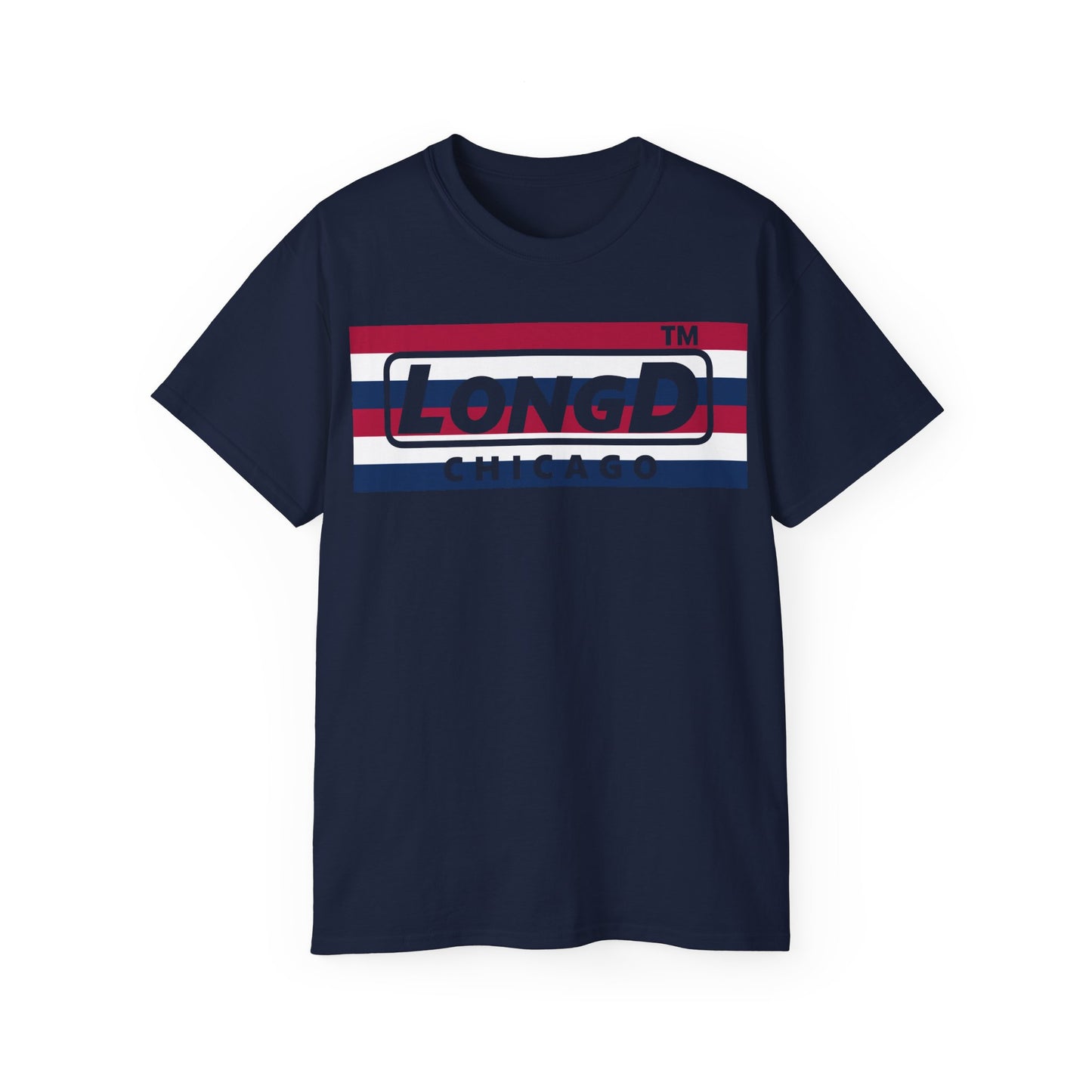 LongD negative horizontal 6-striped Chicago logo cotton tee (patriotic colors)