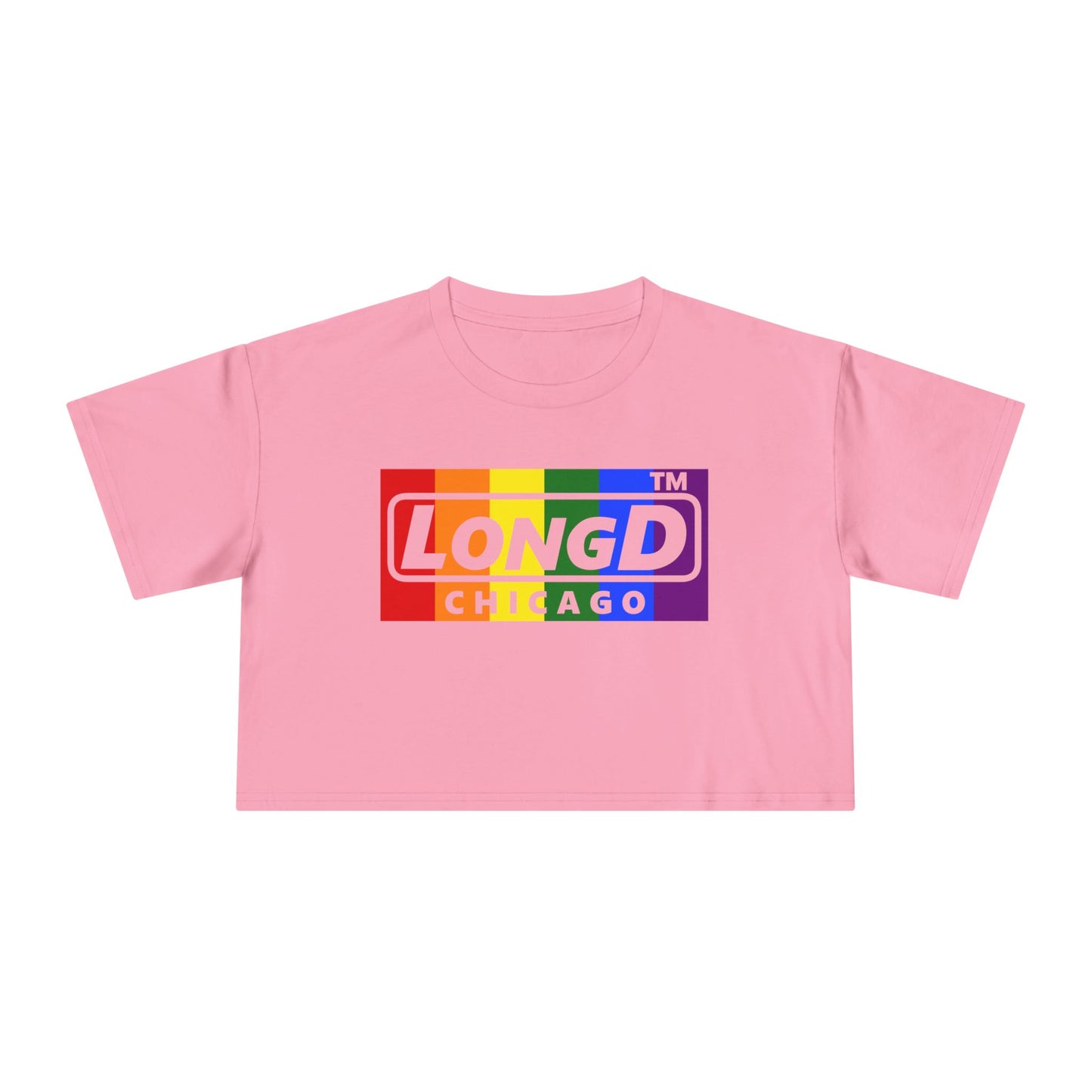 LongD negative vertical 6-striped Chicago logo crop tee (Pride colors)