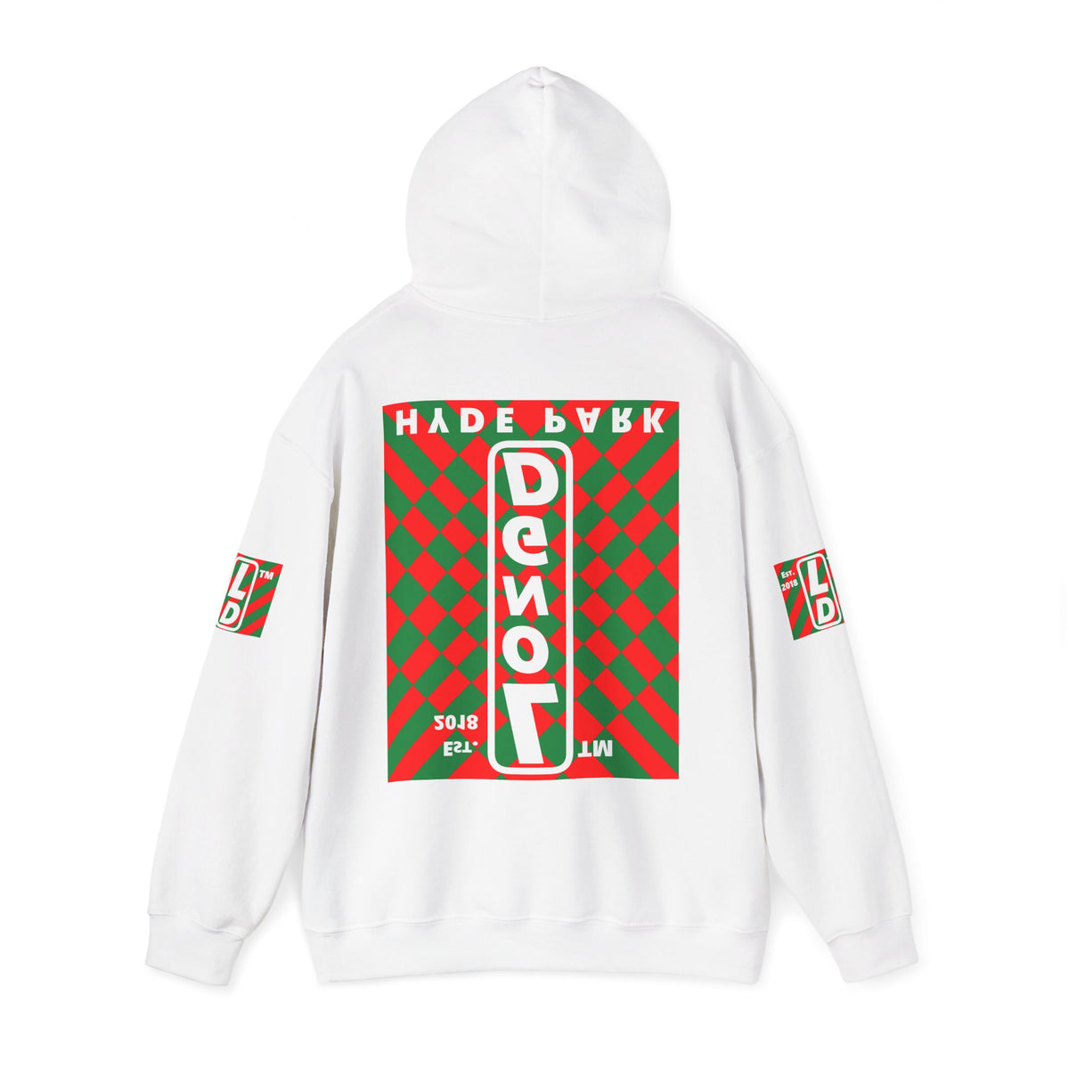 LongD Hyde Park negative upright stylized argyle 4-print logo (Xmas colors) hoodie