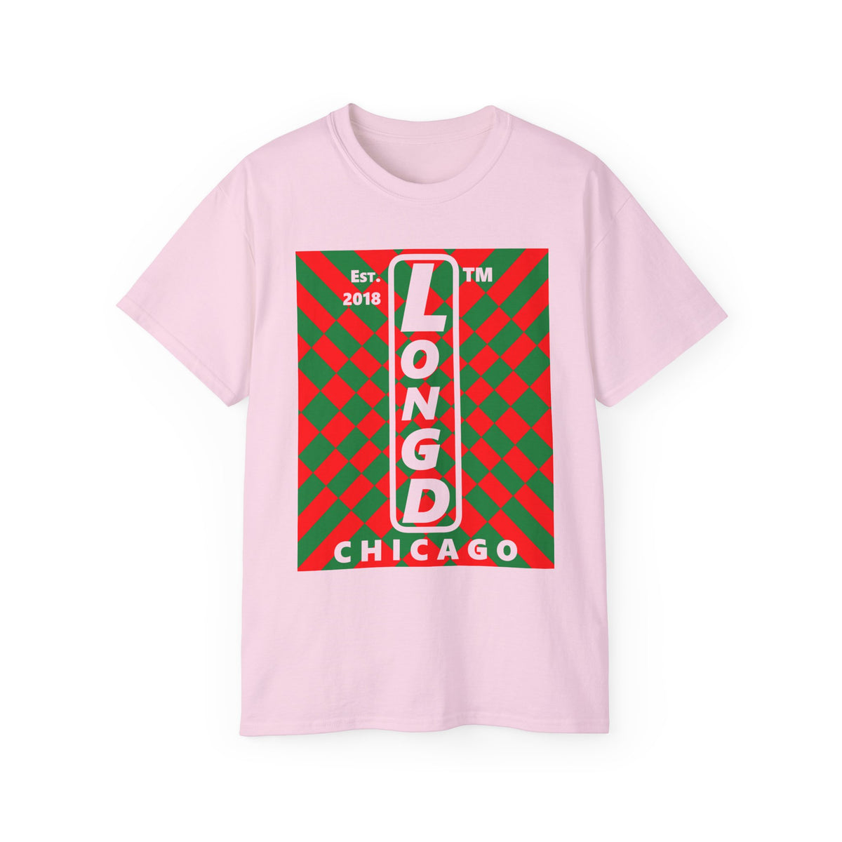 LongD Chicago negative upright stylized argyle logo (Xmas colors) cotton tee