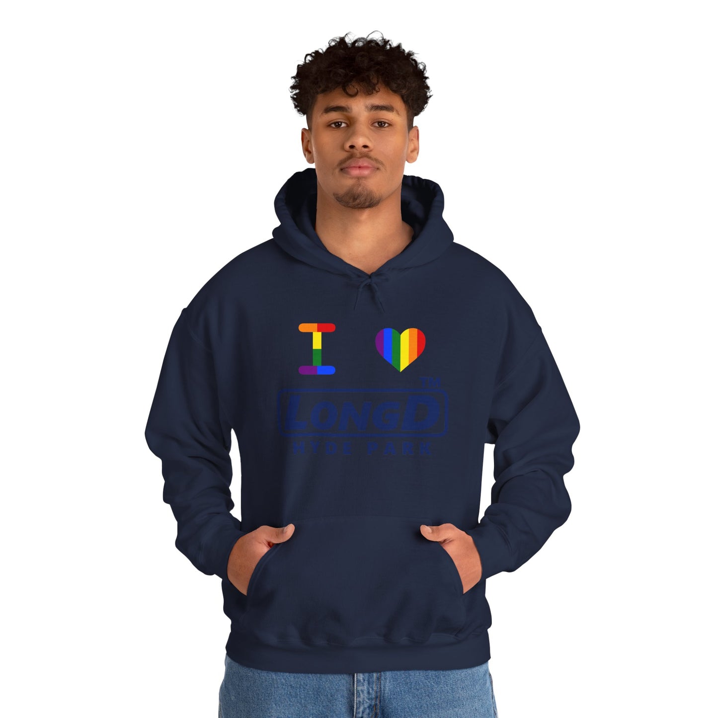 I Luv LongD® official basic front-back Hyde Park logo hoodie (Pride colors)