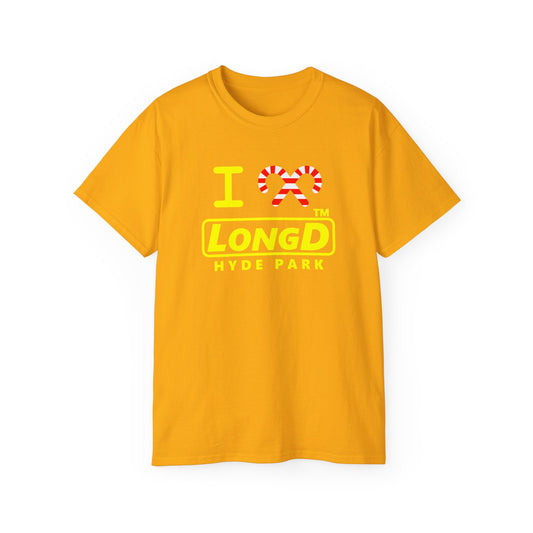 I candy cane LongD Hyde Park positive alternate basic yellow logo cotton tee