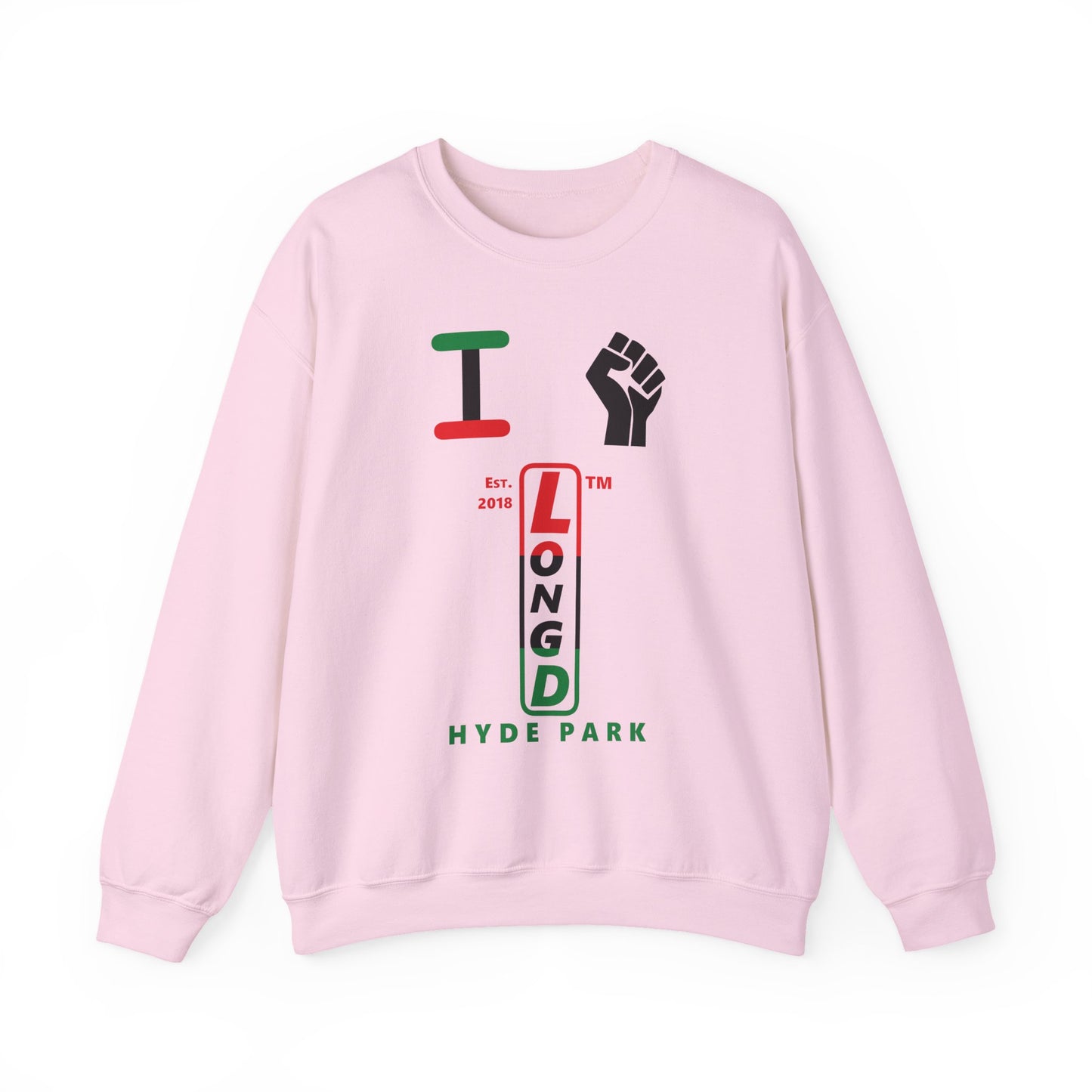 I Fist LongD positive horizontal 3-striped Hyde Park upright logo crewneck sweatshirt