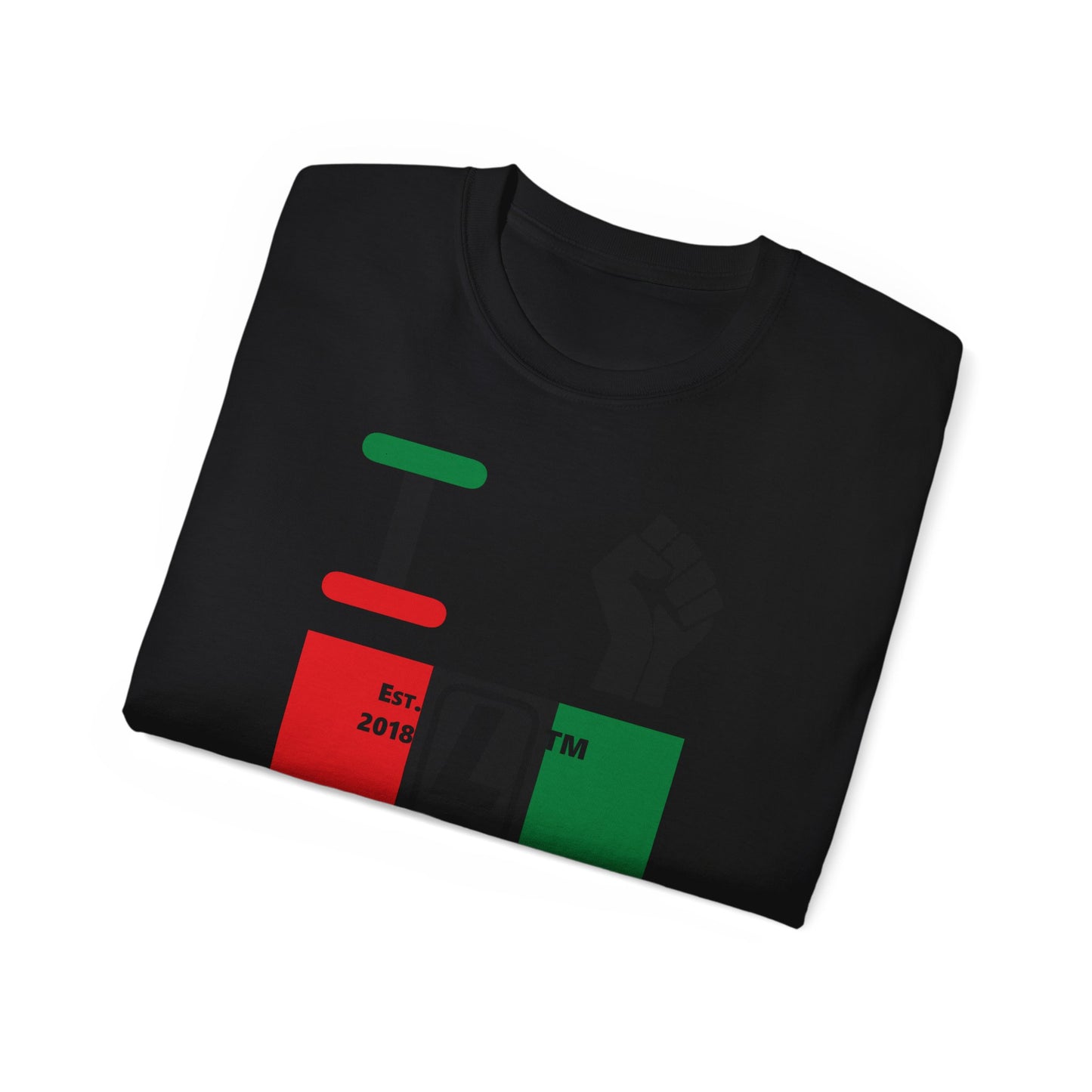 I fist LongD Cotton Tee negative vertical striped Chicago upright logo (Juneteenth colors)