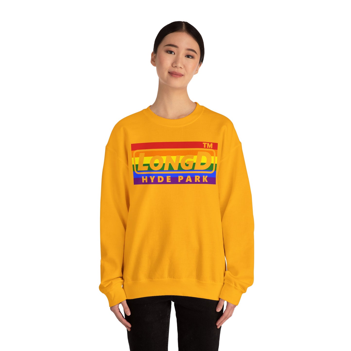 LongD negative horizontal striped Hyde Park logo crewneck sweatshirt (Pride colors)
