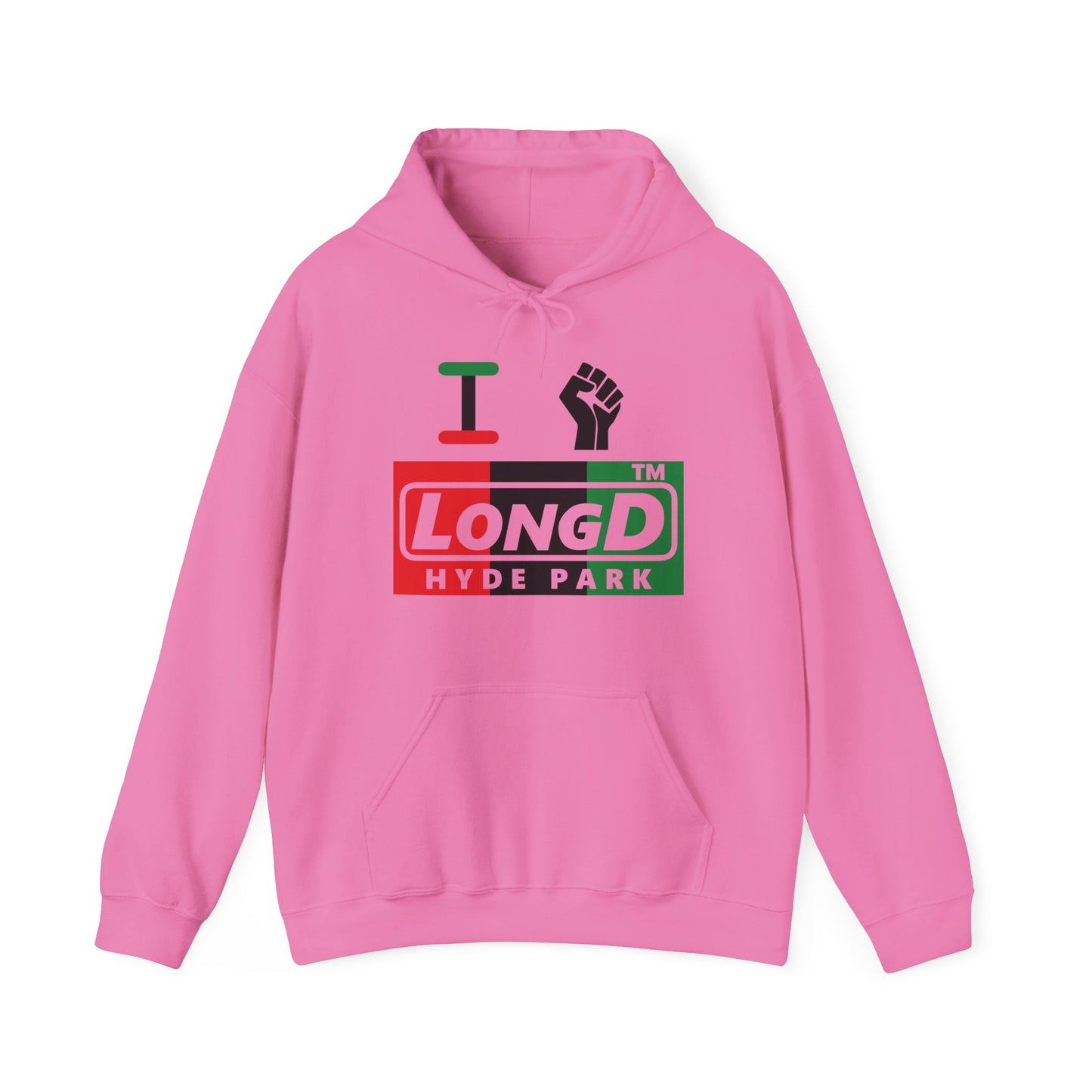 I fist LongD® negative vertical 3-striped Hyde Park logo Hoodie (Juneteenth colors)