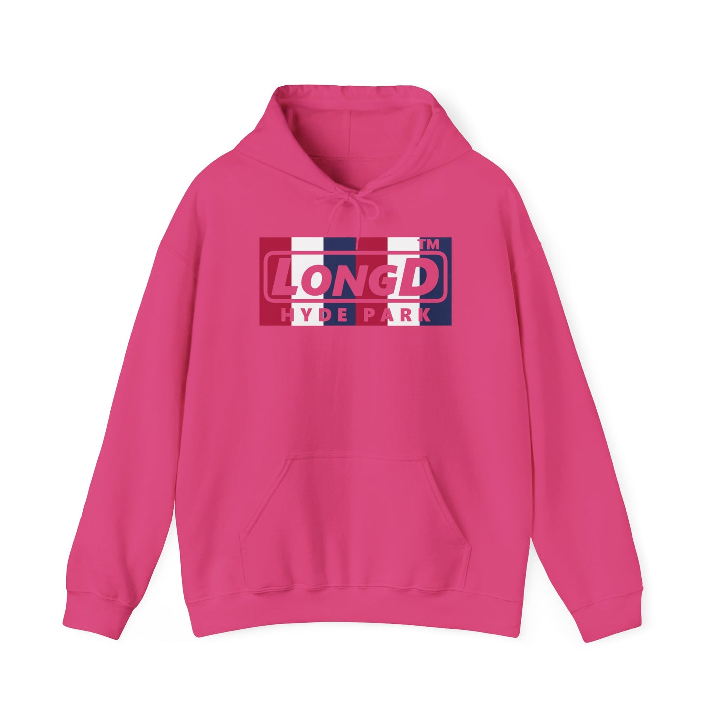 LongD® negative vertical 6-striped Hyde Park logo hoodie (patriotic colors)