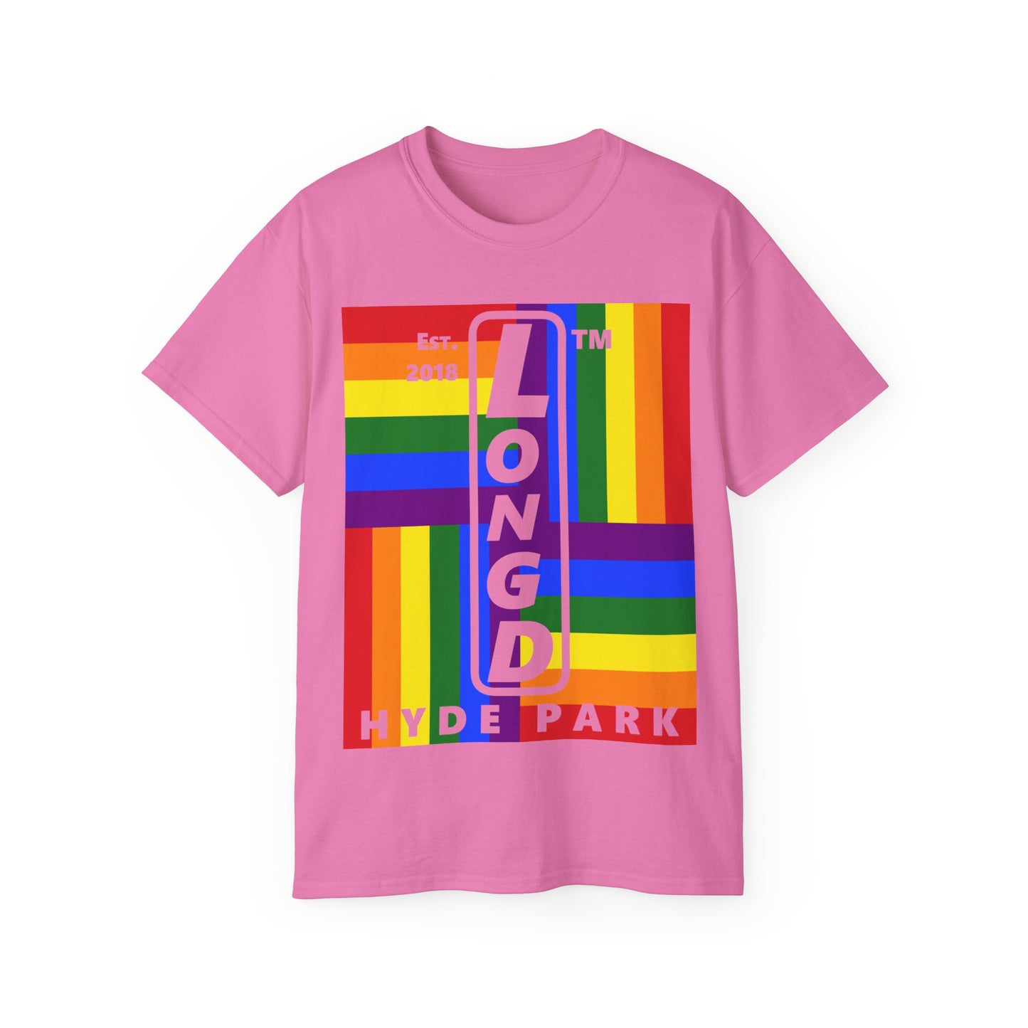 LongD Cotton Tee negative windmill Hyde Park upright logo (Pride colors)