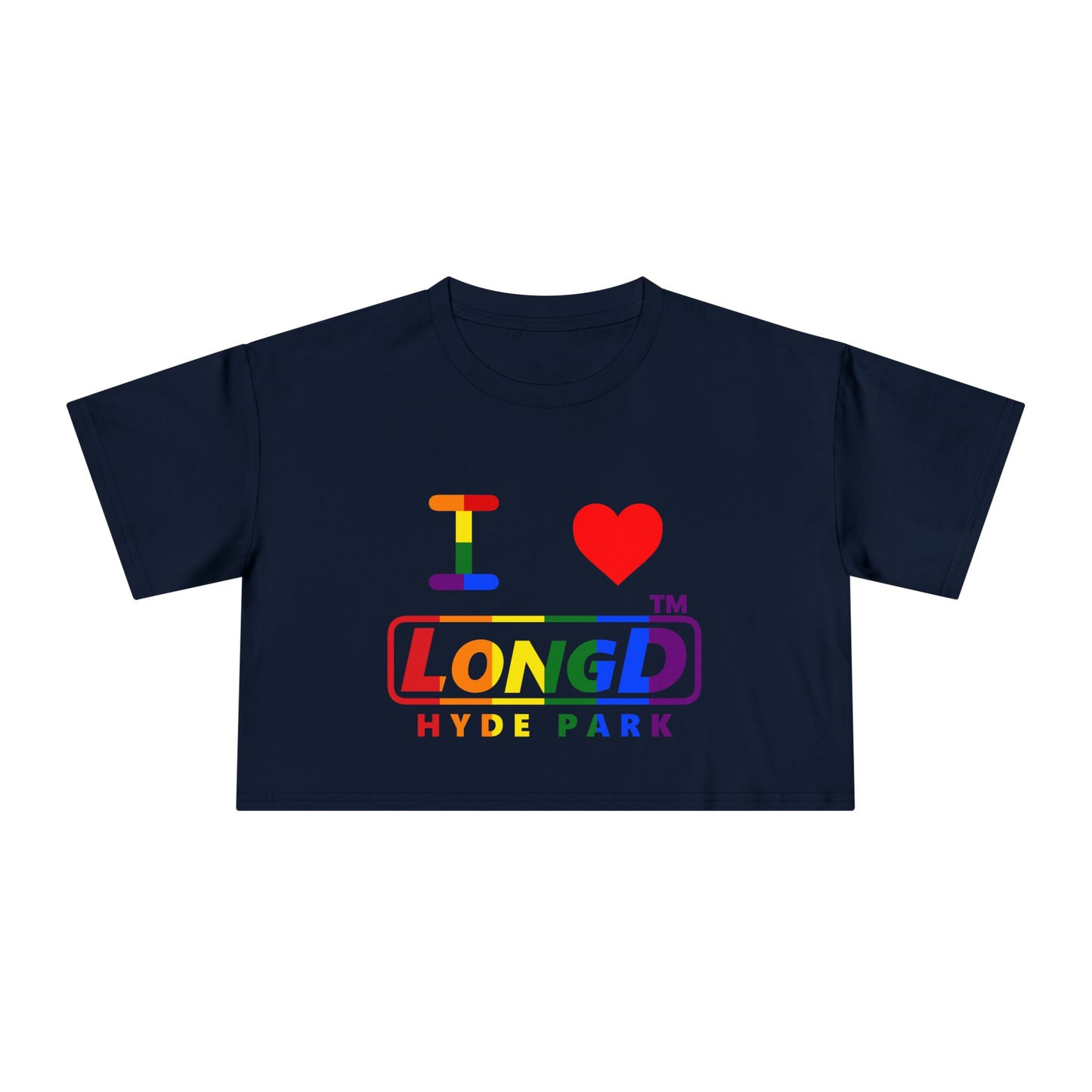 I Luv LongD positive vertical 6-striped Hyde Park logo crop tee (Pride colors)