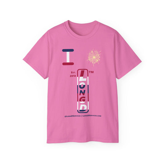 I Burst LongD cotton tee positive horizontal 6-striped tag-domain upright logo (Patriotic colors)
