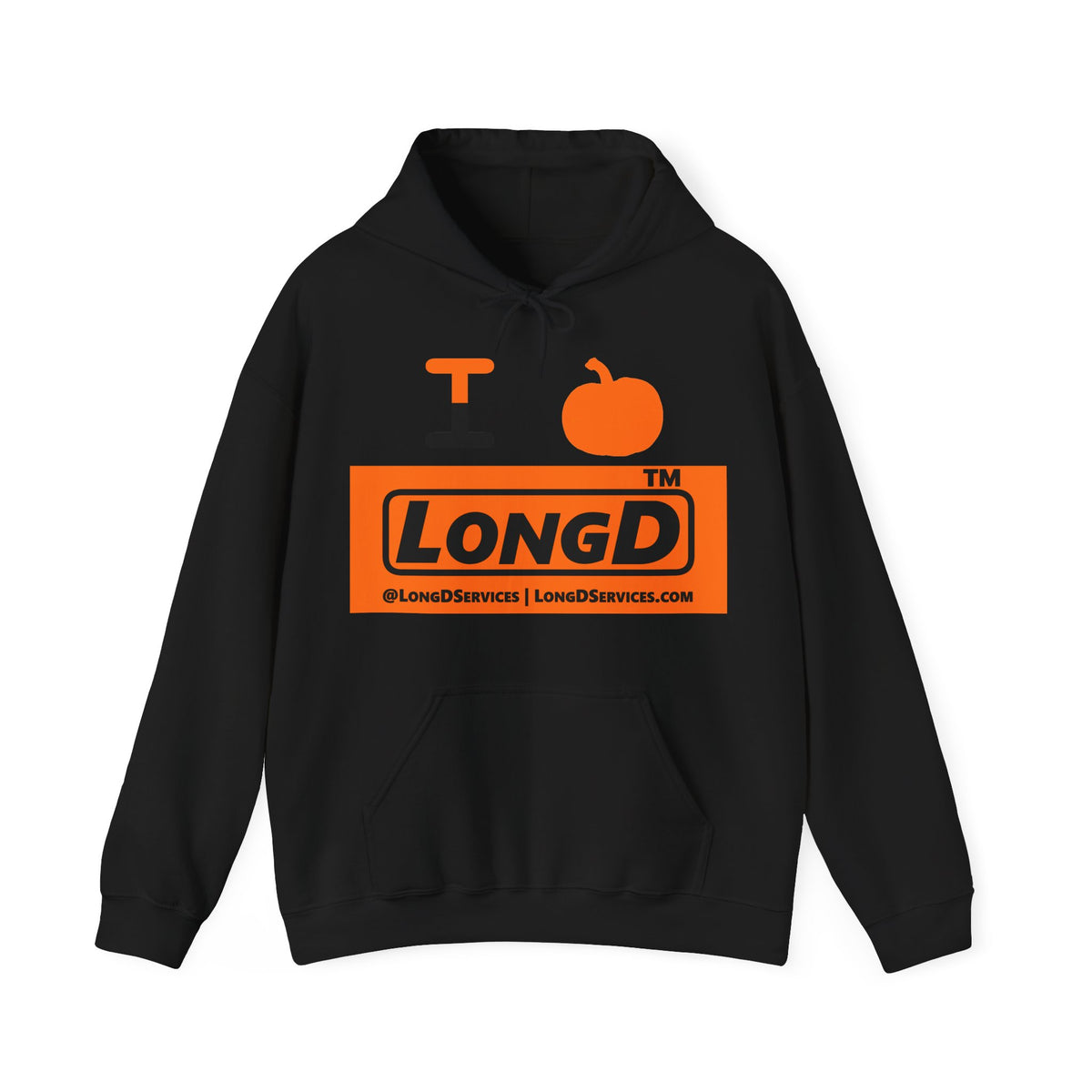 I pumpkin LongD Tag-domain logo positive black on negative orange hoodie