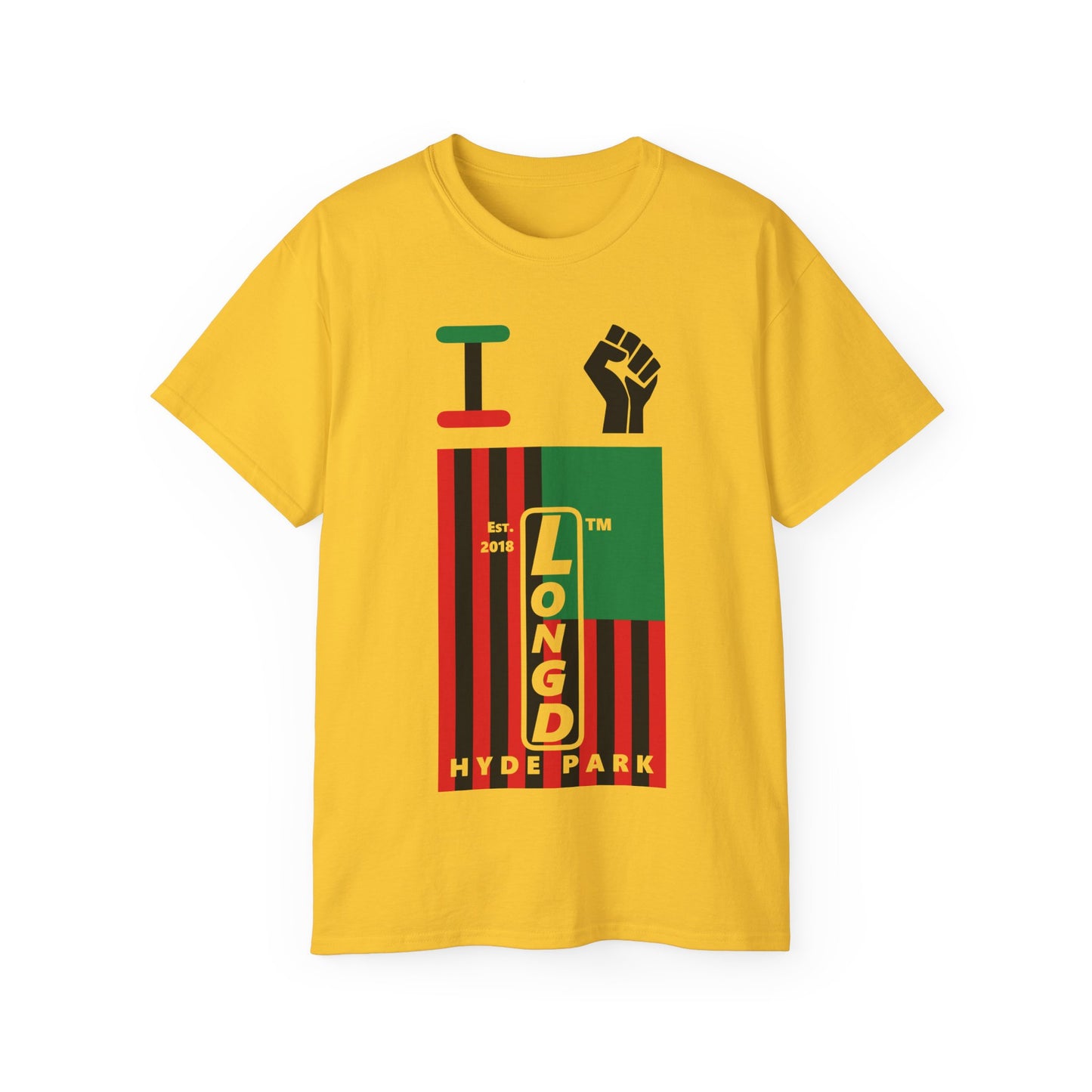 I fist LongD Cotton Tee negative flag Hyde Park upright logo (Juneteenth colors)