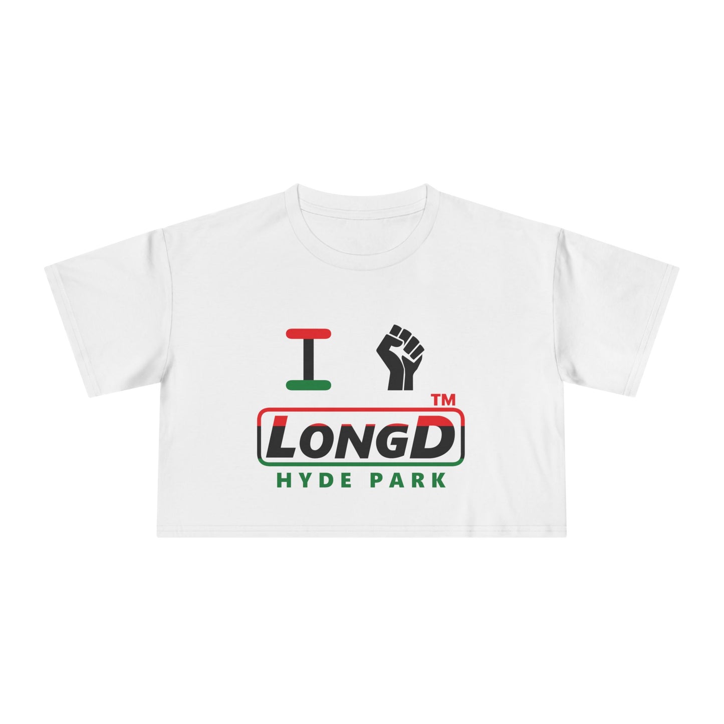 I fist LongD positive horizontal 3-striped Hyde Park logo crop tee