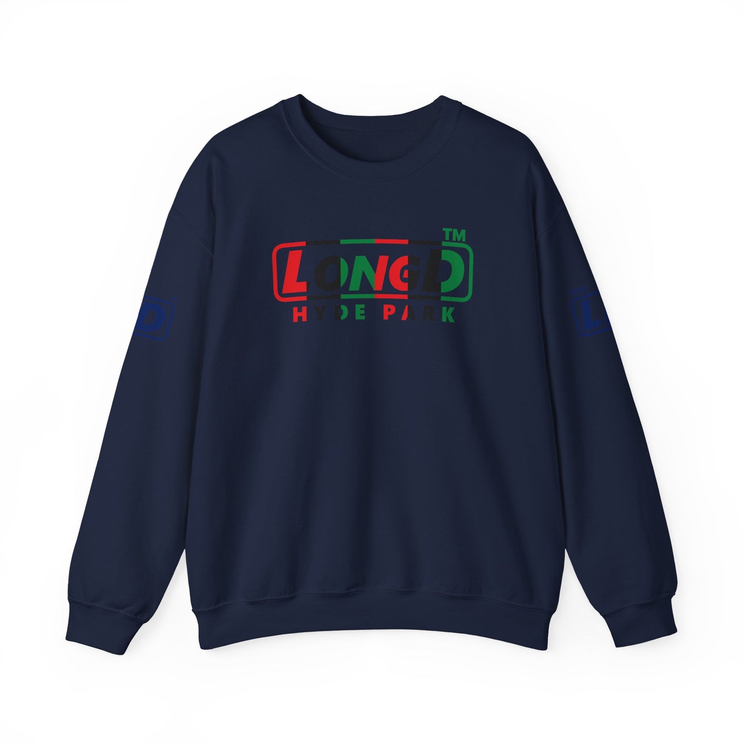 LongD positive vertical 6-striped 4-print Hyde Park logo crewneck sweatshirt (Juneteenth colors)