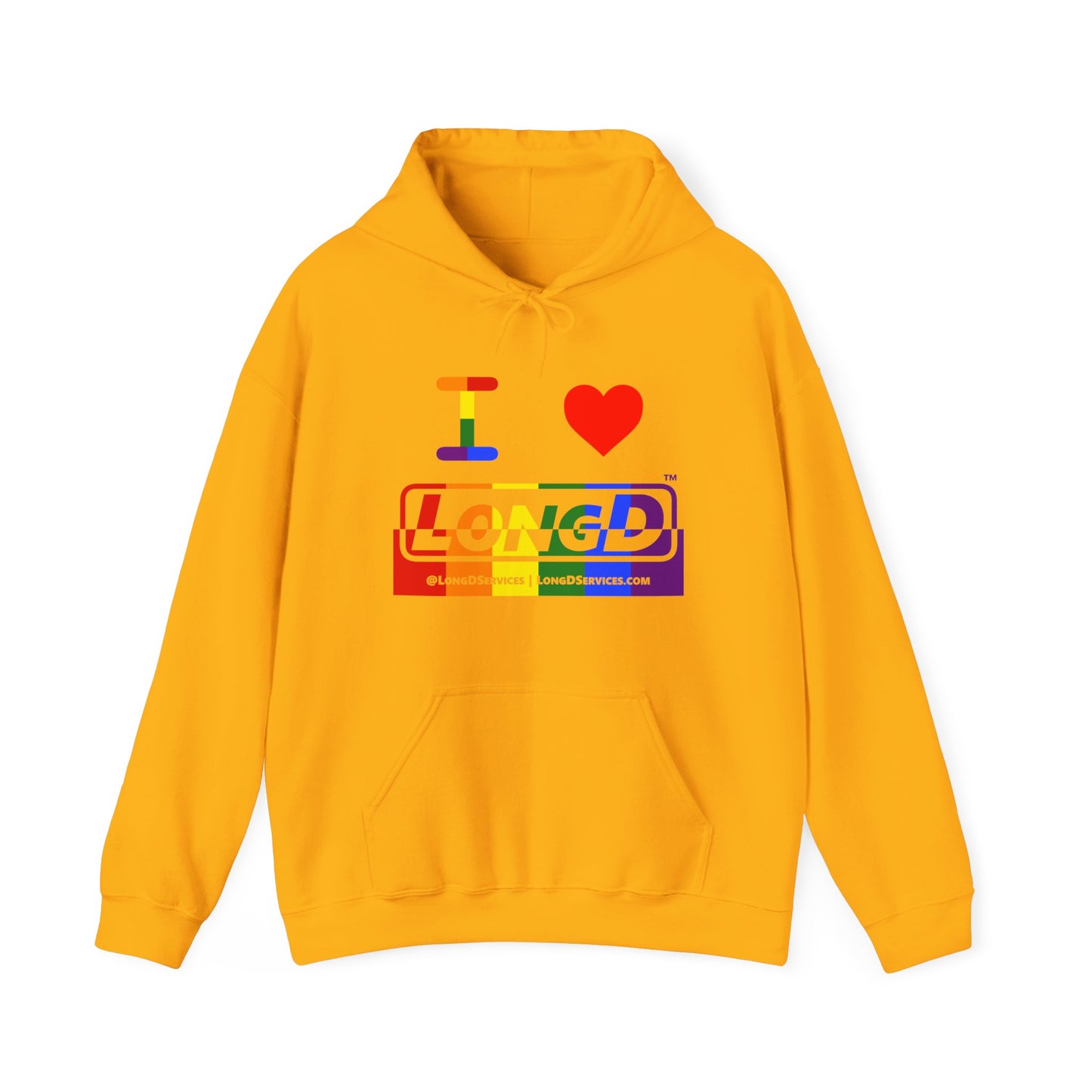 I Luv LongD® Logo Hoodie with Pride rainbow positive top negative bottom text
