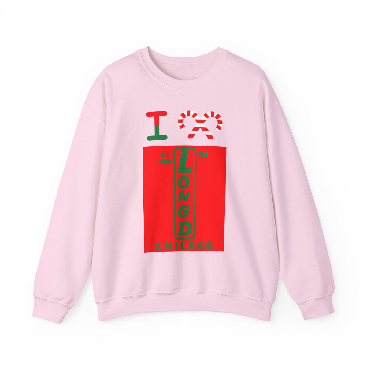 I candy cane LongD Chicago upright logo positive green on negative red crewneck sweatshirt
