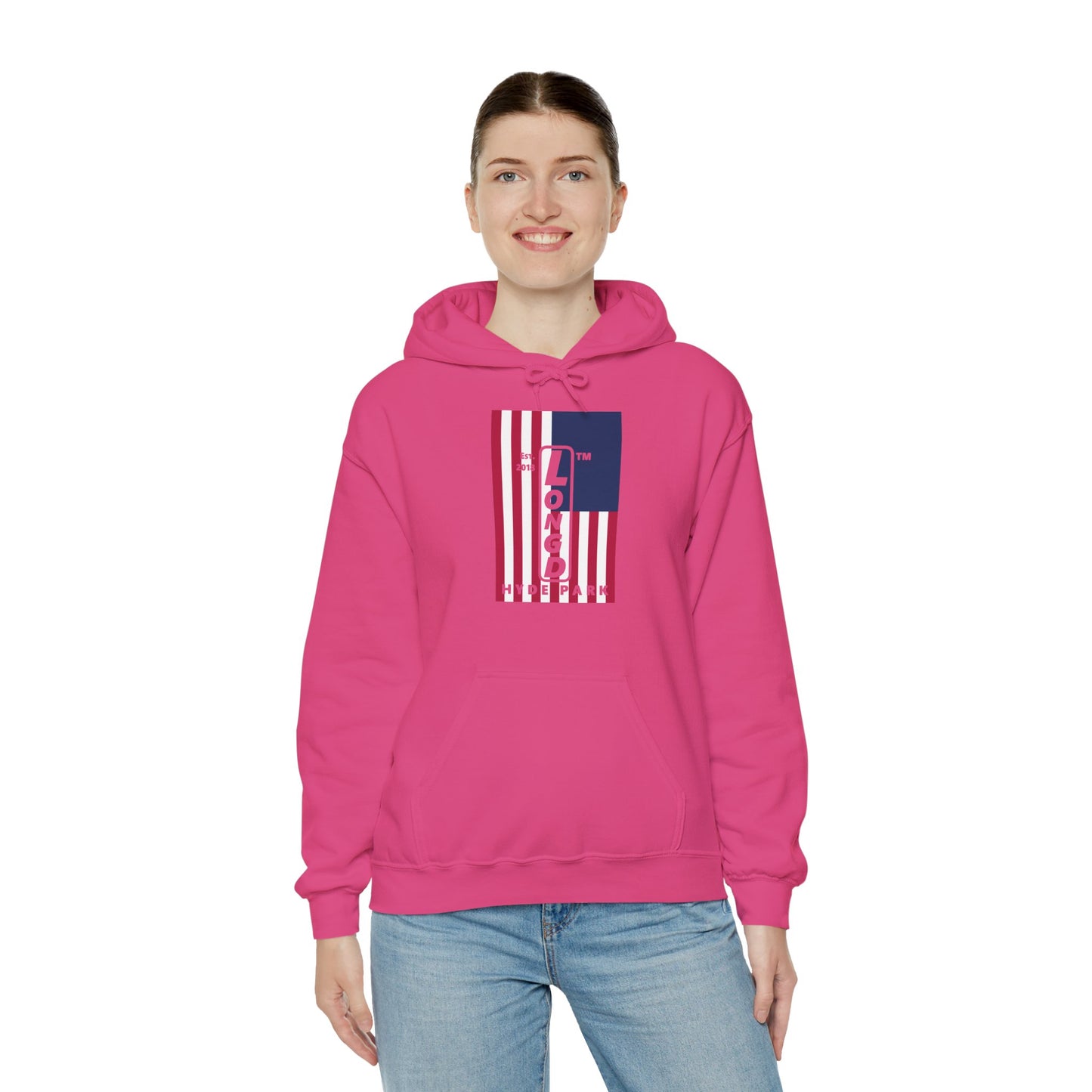 LongD® negative cropped flag upright Hyde Park logo hoodie (Patriotic colors)