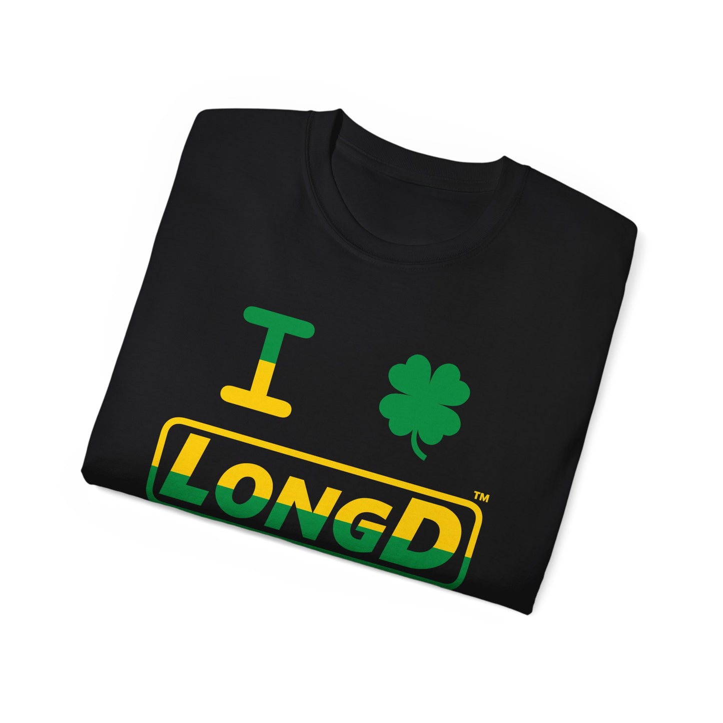 I Clover LongD® Logo Cotton Tee (St. Patrick's Day -Irish Green and Golden Yellow top-bottom split with 4-leaf clover)