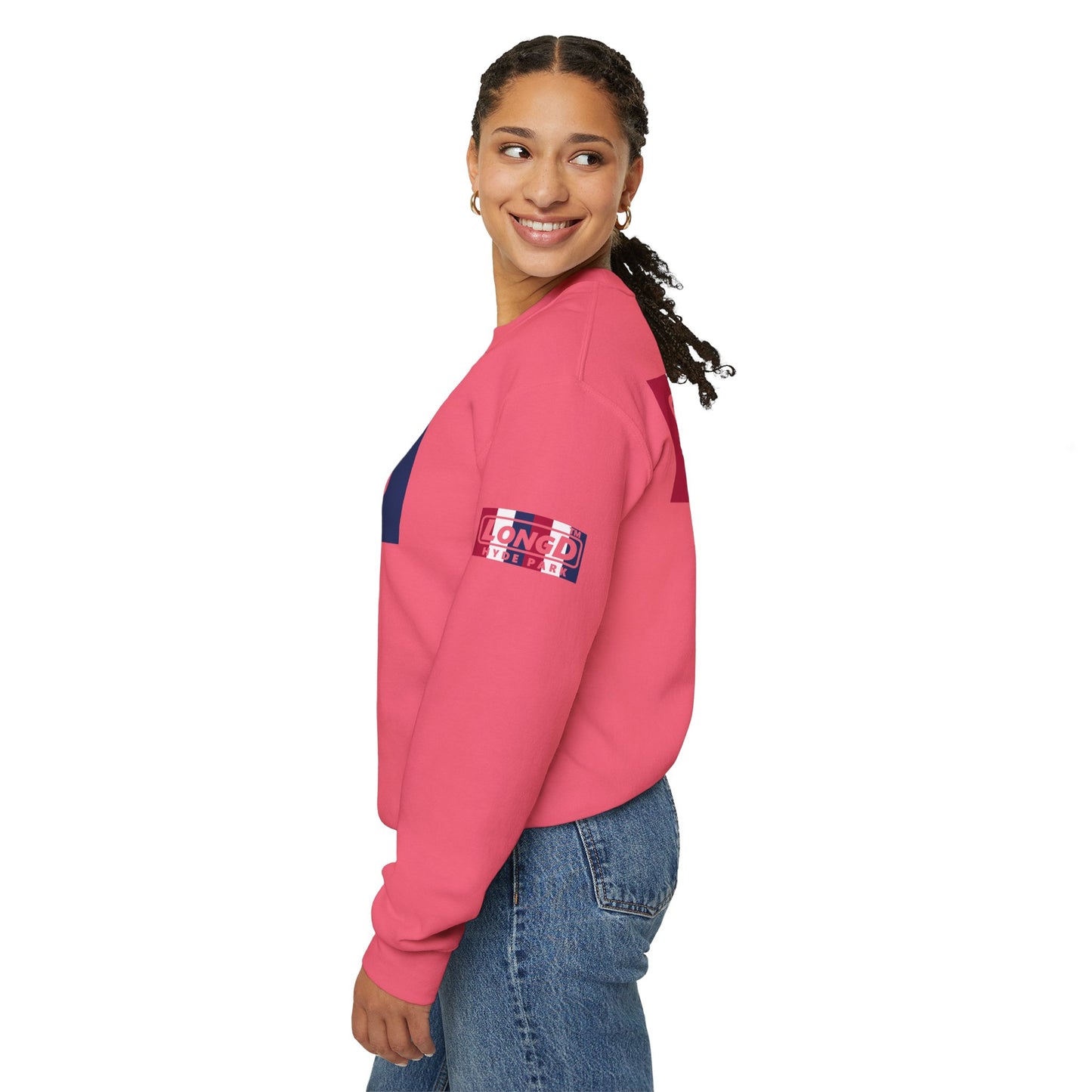 LongD negative vertical 6-striped 4-print double-breasted Chicago logo crewneck sweatshirt (patriotic colors)