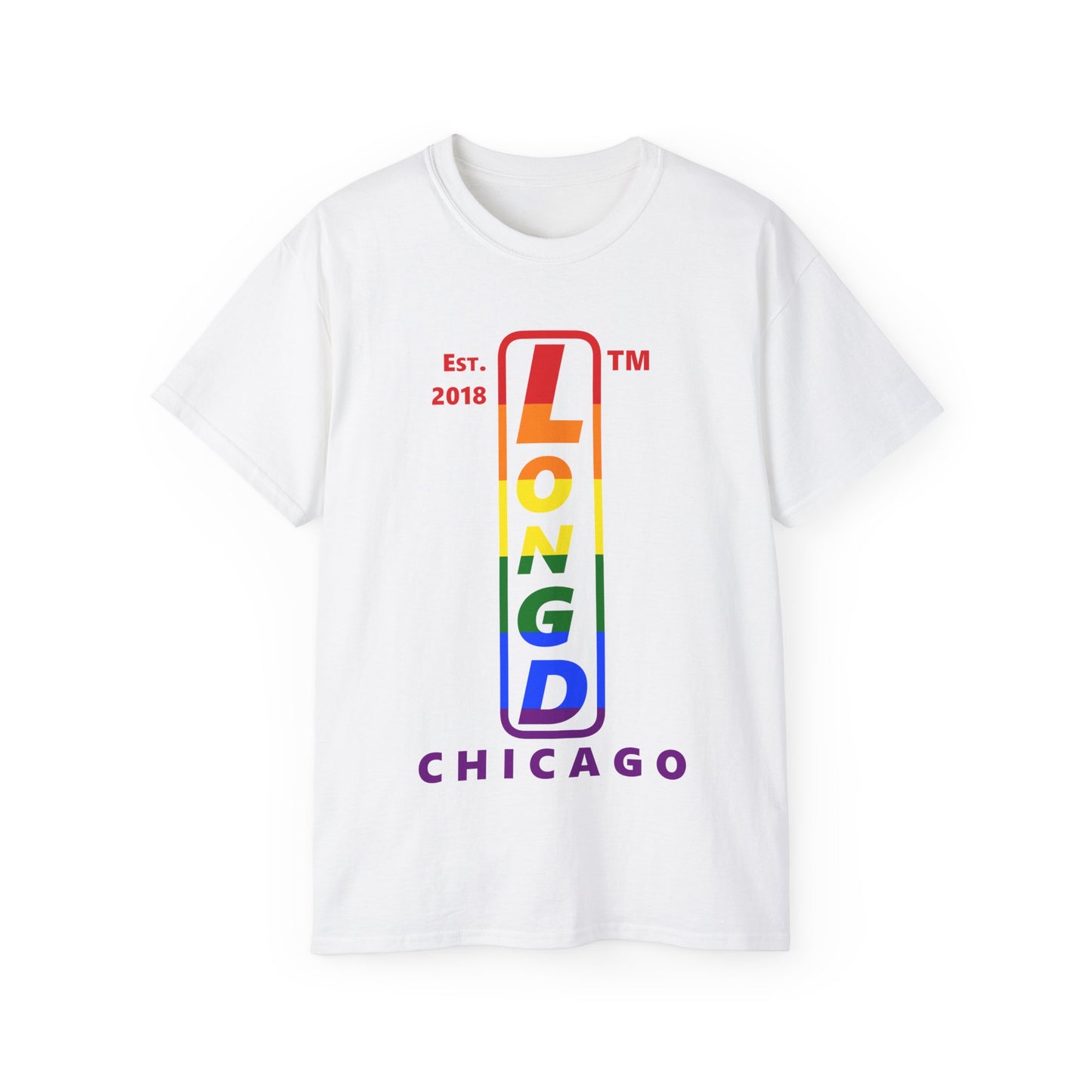 LongD Cotton Tee positive horizontal striped Chicago upright logo (Pride colors)