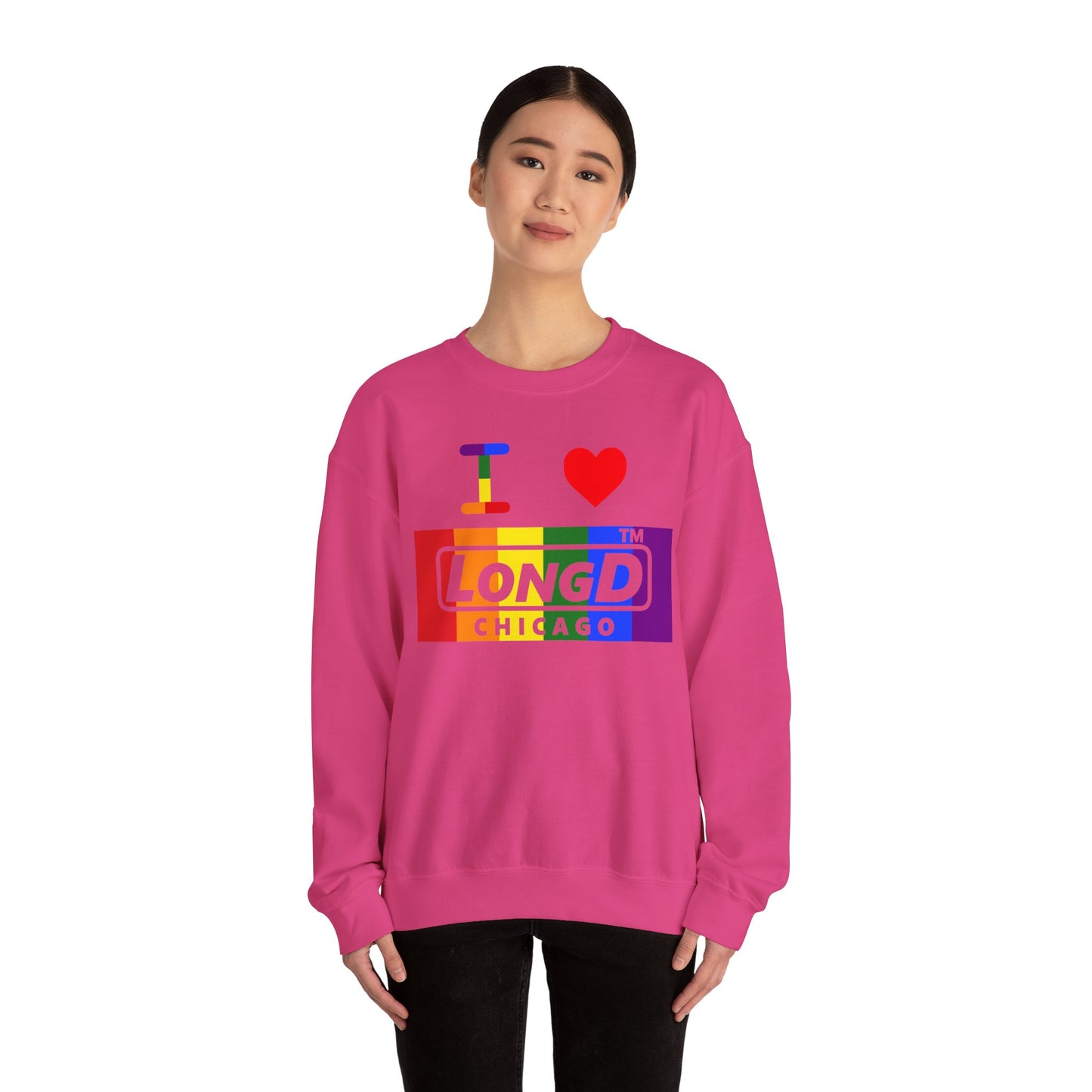 I Luv LongD negative vertical striped Chicago logo crewneck sweatshirt (Pride colors)
