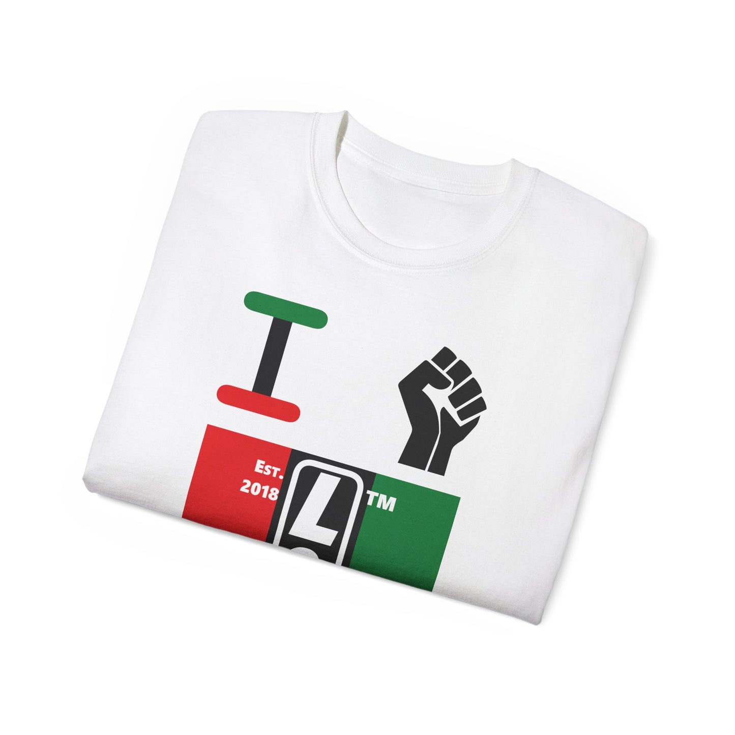 I fist LongD Cotton Tee negative vertical striped Hyde Park upright logo (Juneteenth colors)