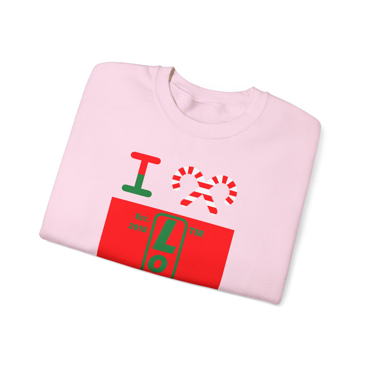 I candy cane LongD Chicago upright logo positive green on negative red crewneck sweatshirt