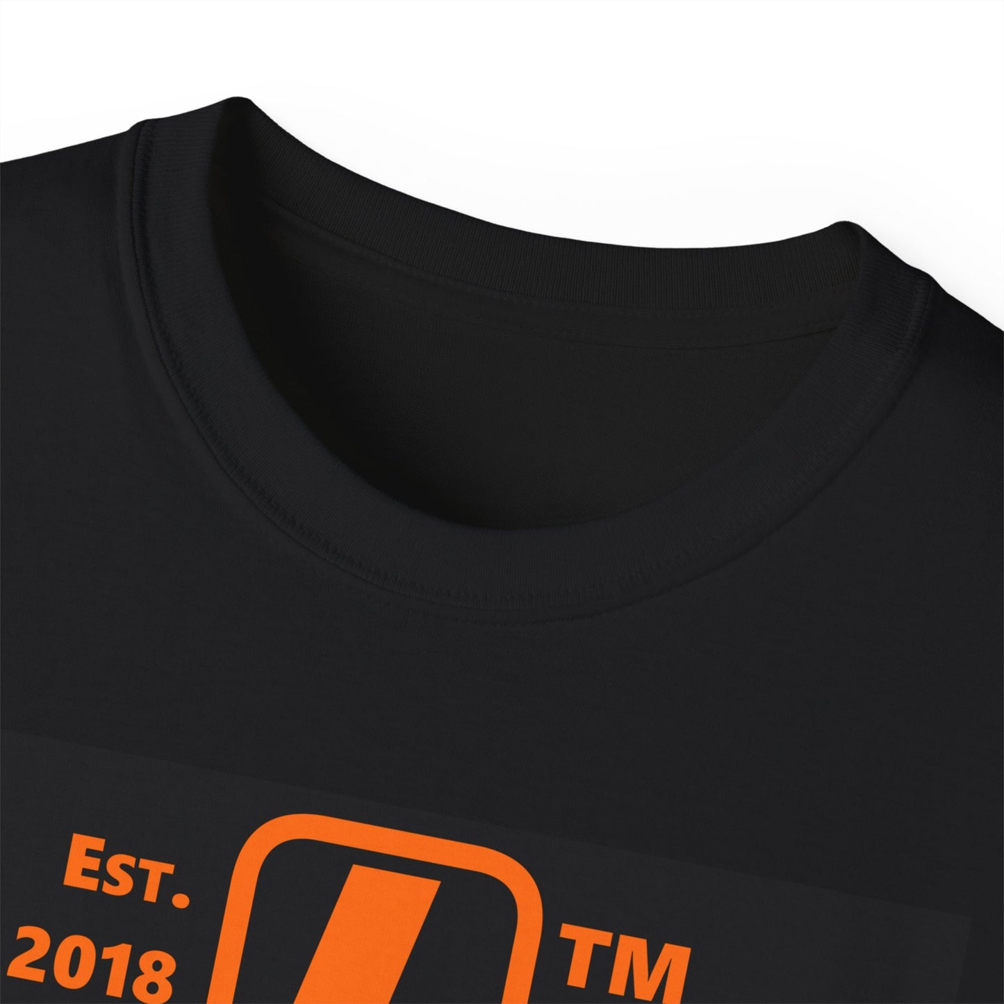 LongD Tag upright front-back logo orange (FE7518) on Black (000000) cotton tee