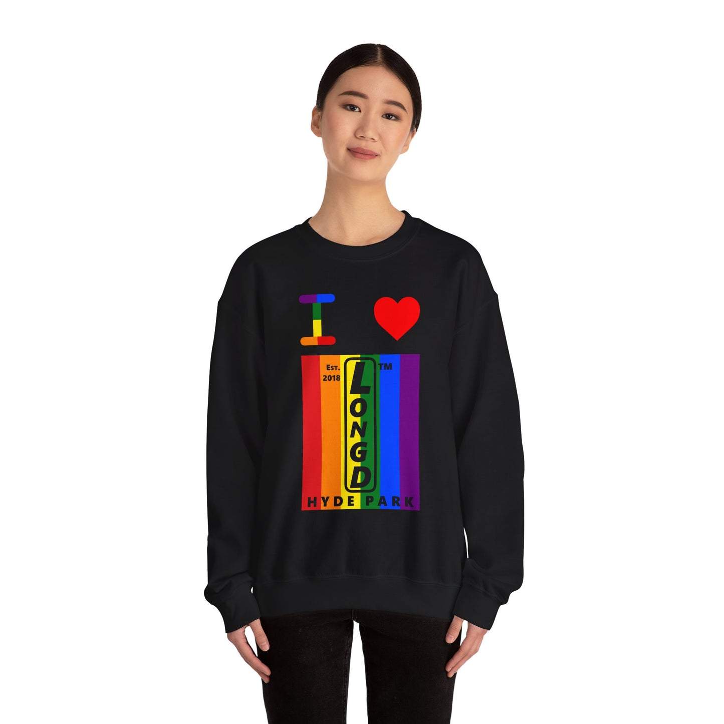I Luv LongD negative vertical 6-striped Hyde Park upright logo crewneck sweatshirt