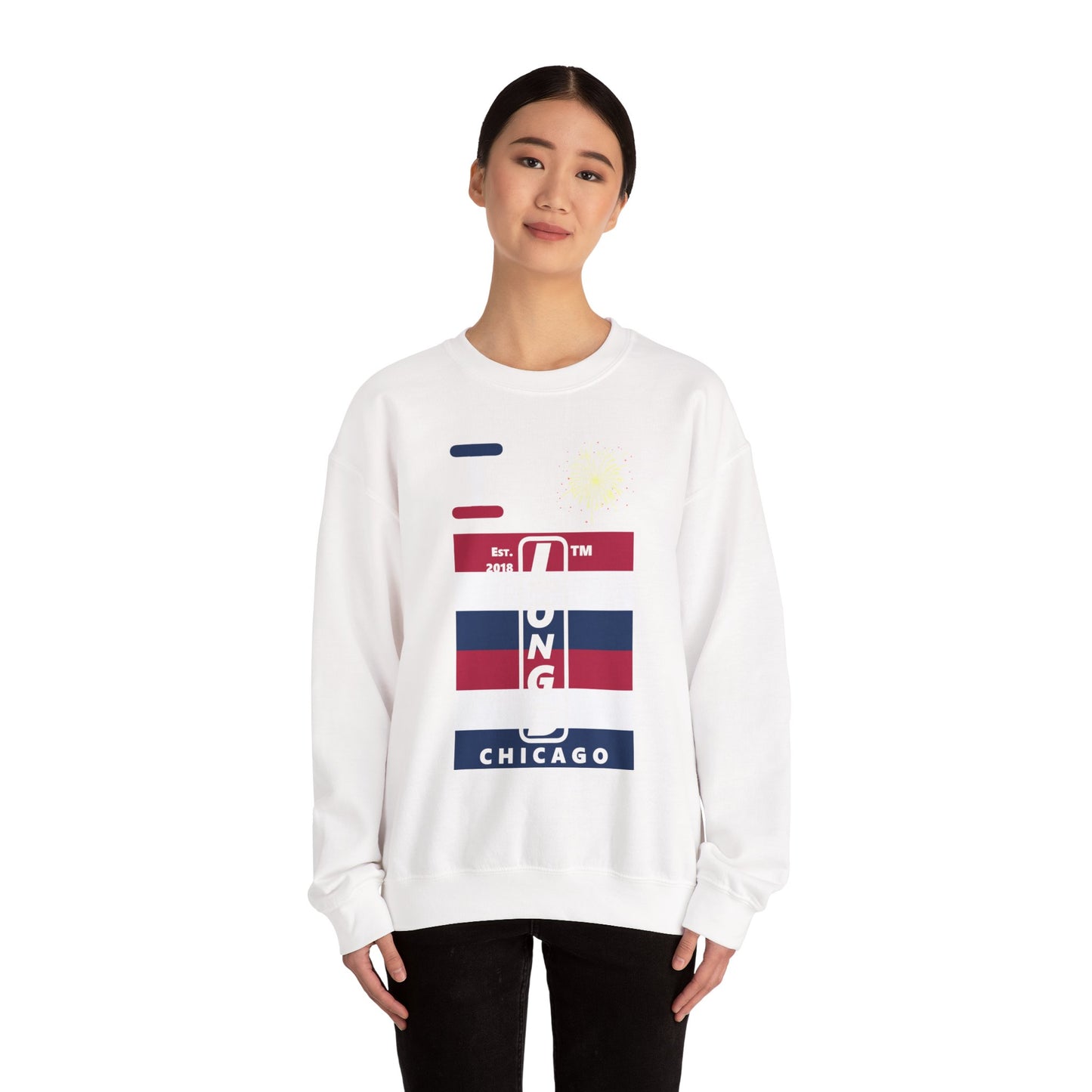 I Burst LongD negative horizontal 6-striped Hyde Park upright logo crewneck sweatshirt