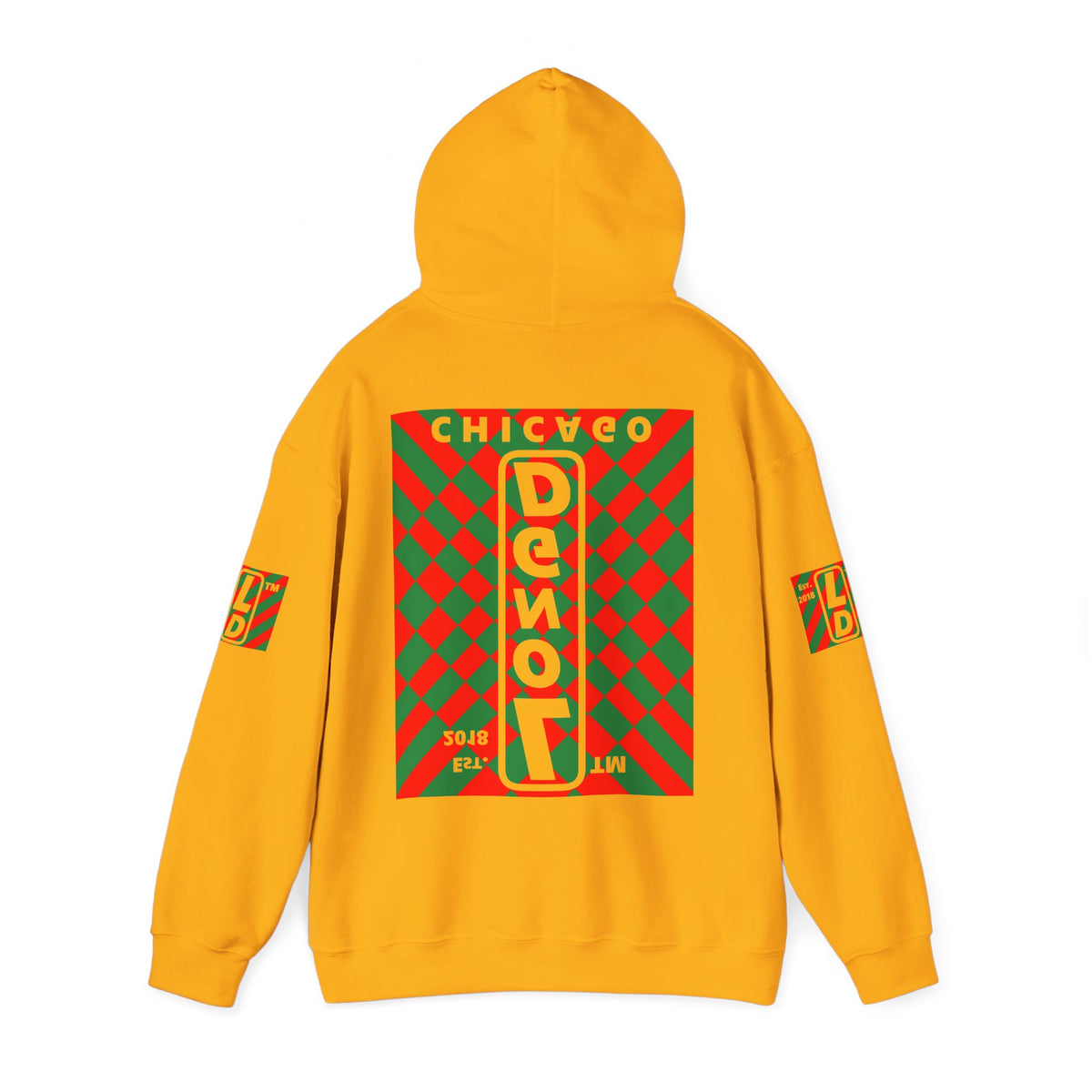 LongD Chicago negative upright stylized argyle 4-print logo (Xmas colors) hoodie