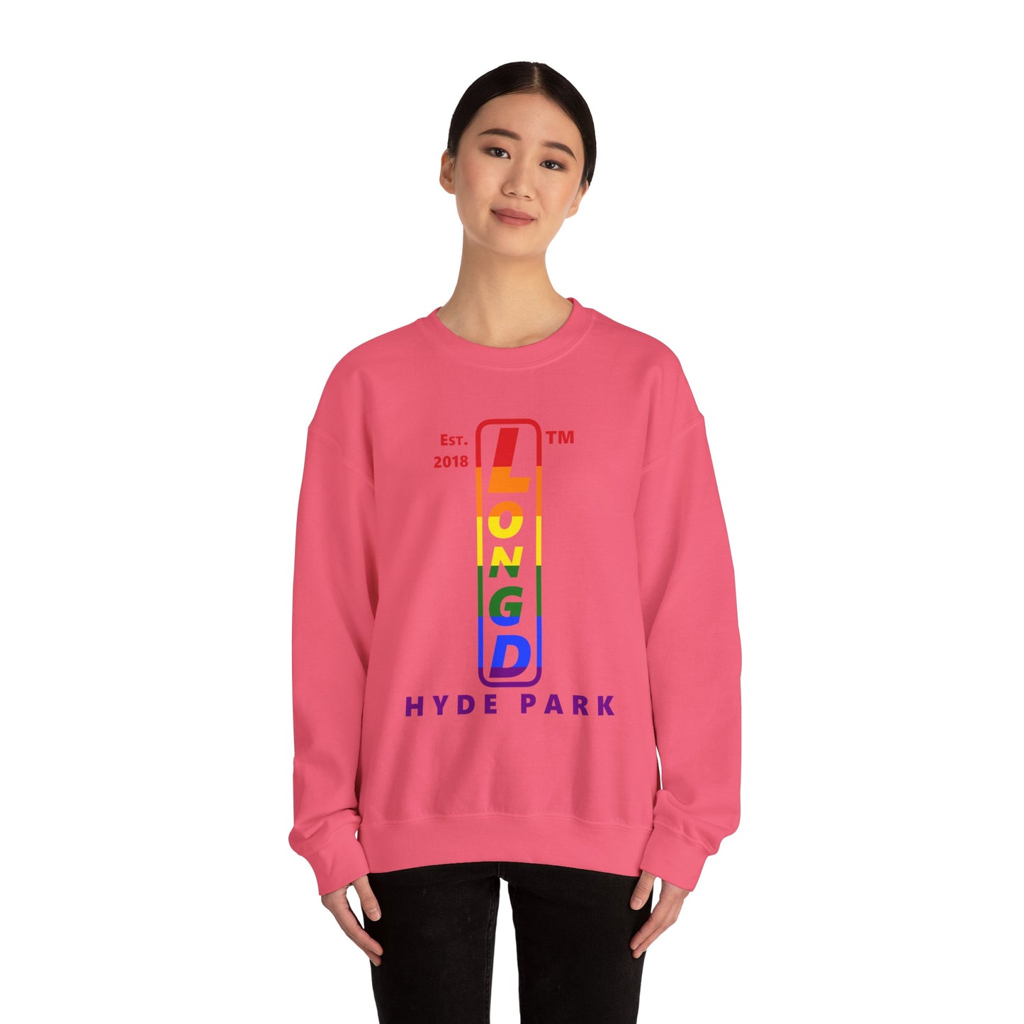 LongD positive horizontal 6-striped Hyde Park upright logo crewneck sweatshirt (Pride colors)