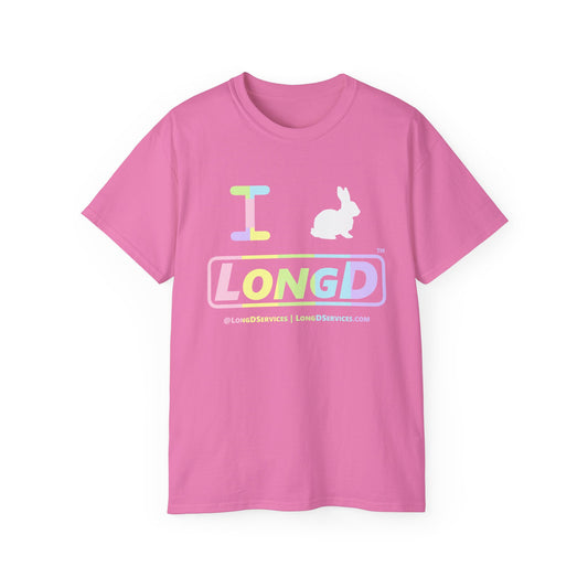 I Bunny LongD® Logo Cotton Tee Easter pastel spectrum text (white Easter Bunny)