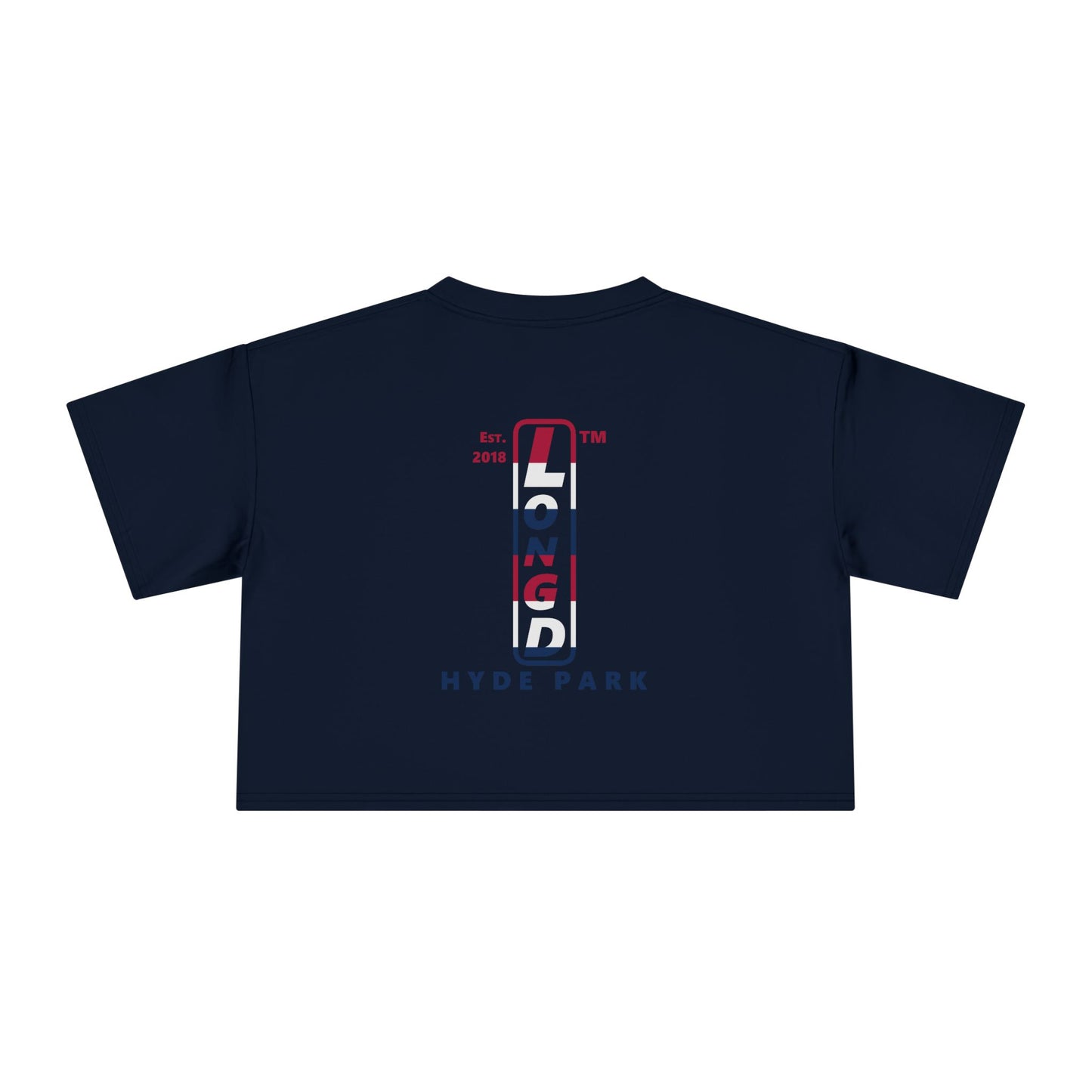 Positive horizontal 6-striped single-breasted upright front-back Hyde Park logo crop tee (Patriotic colors)