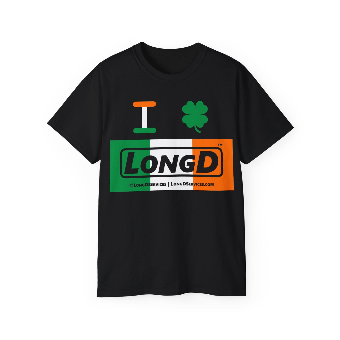 I Clover LongD® Logo Cotton Tee (St. Patrick's Day -Irish Green, White and Irish Orange negative thirds with 4-leaf clover)