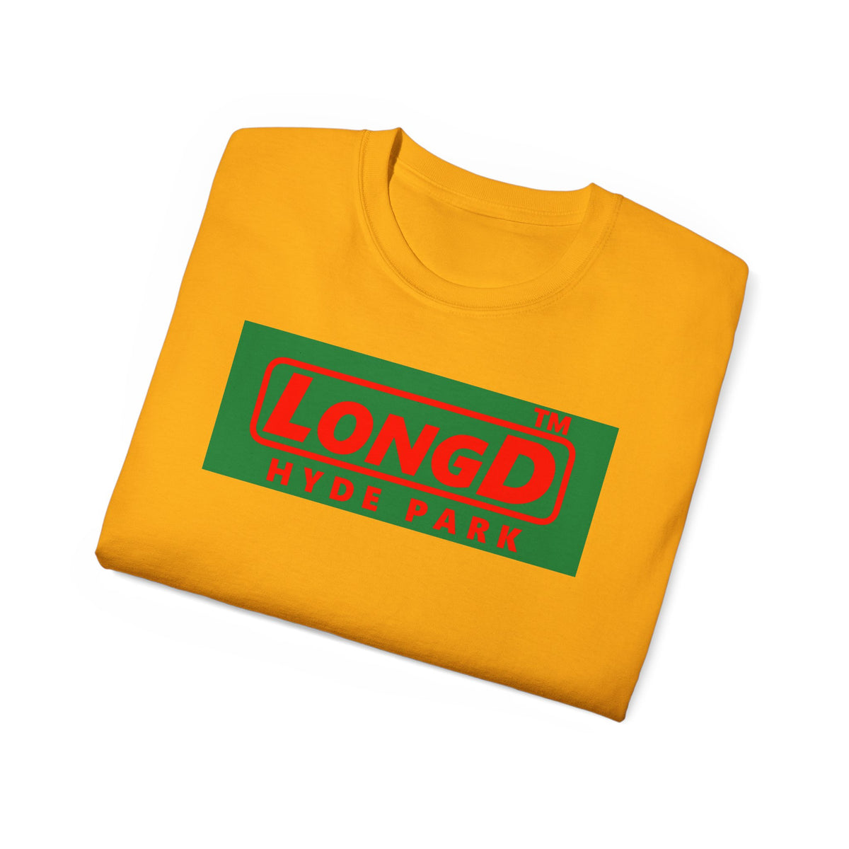 LongD Hyde Park logo positive red on negative green (Xmas colors) cotton tee